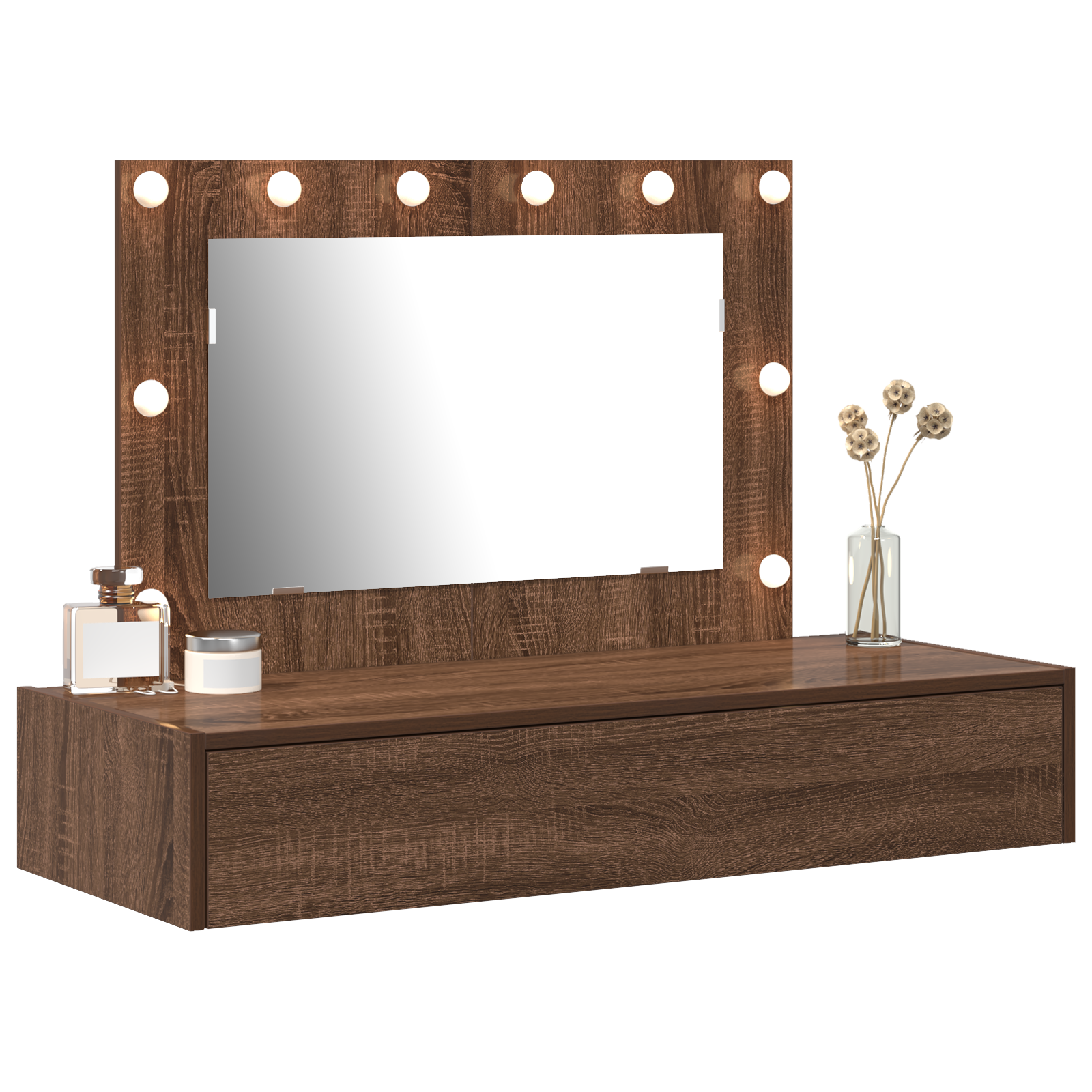 Wall Hanging Dressing Table with LED Lights Brown Oak - Image 3