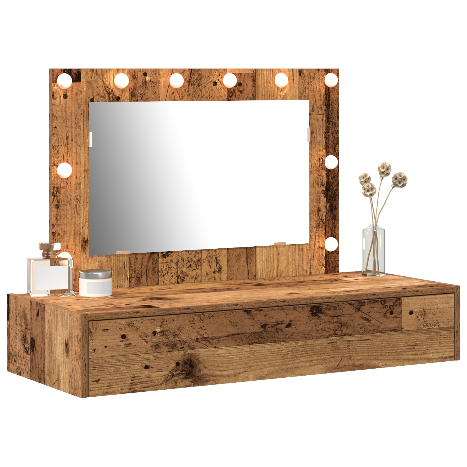 Wall Hanging Dressing Table with LED Lights Old Wood - Image 3