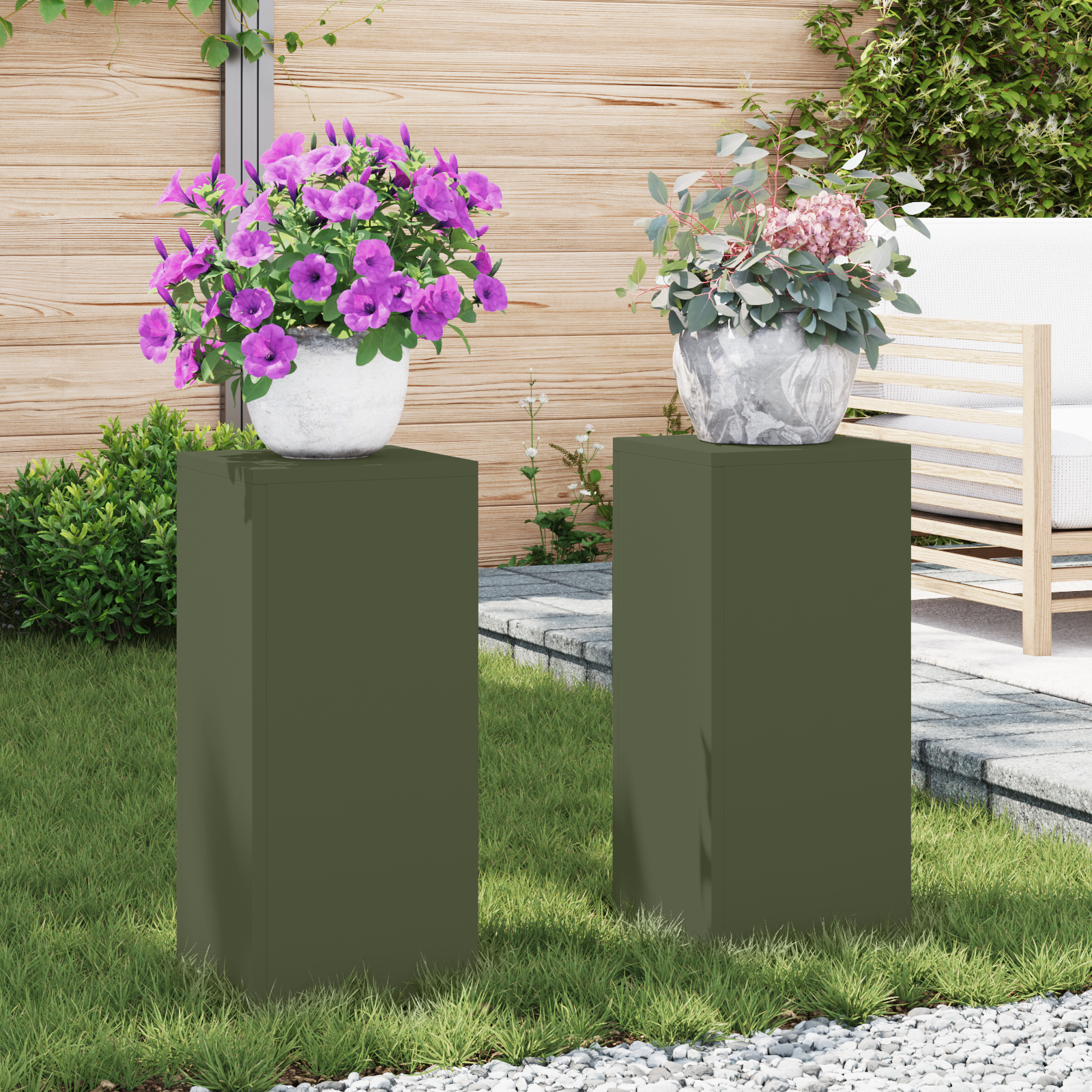 Plantenstandaards 2 st pilaar 24x24x55 cm staal olijfgroen