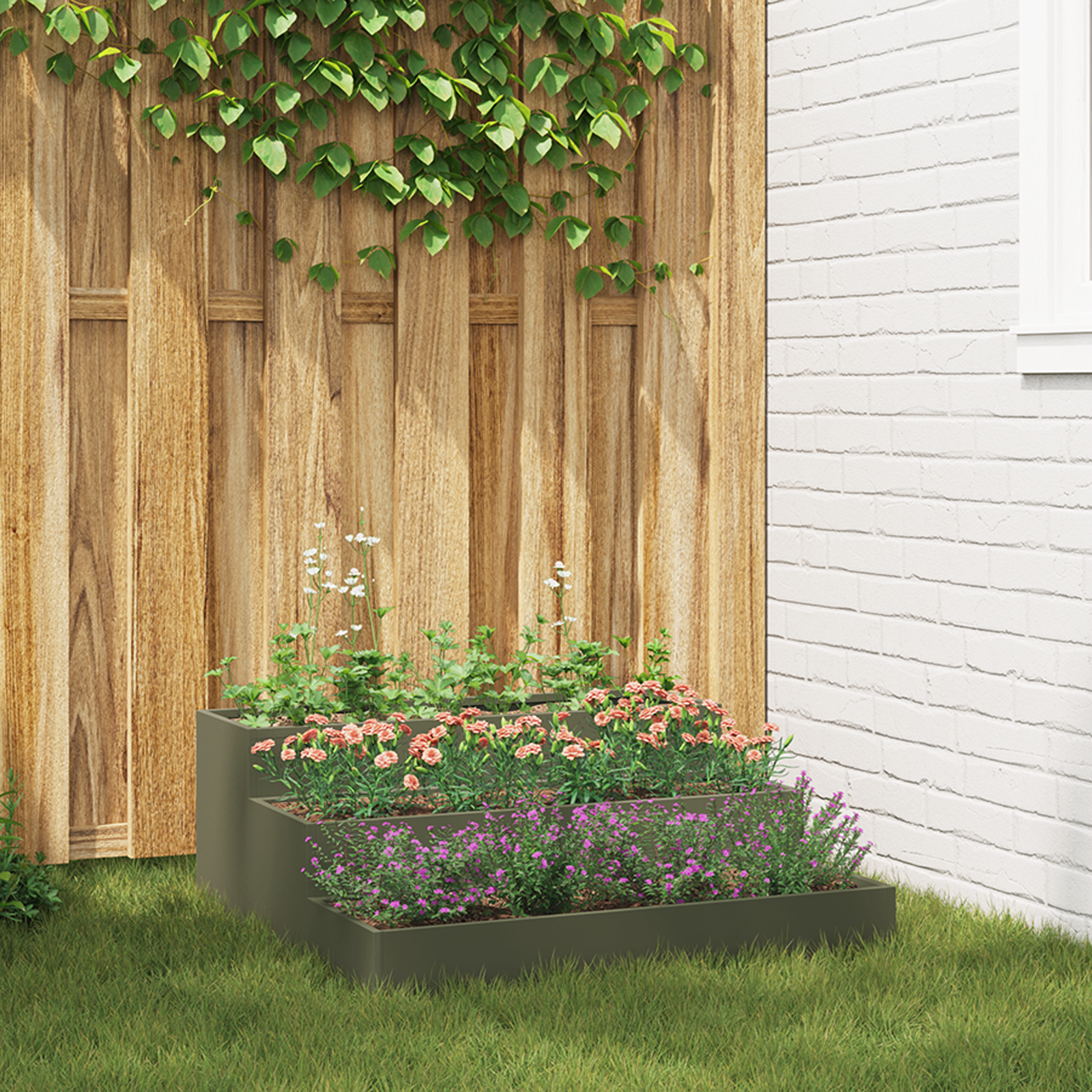 Tuin Plantenbak 3-Laags 90x90x35 cm Olijfgroen Staal