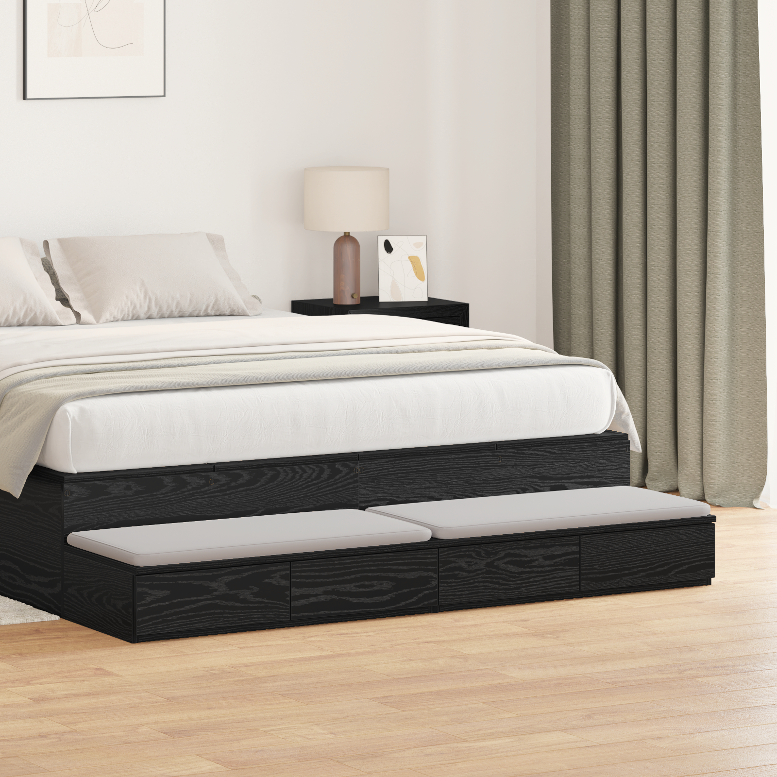 Black Bed Drawers - 135 x 36.5 x 16.5 cm - Made of Engineered Wood