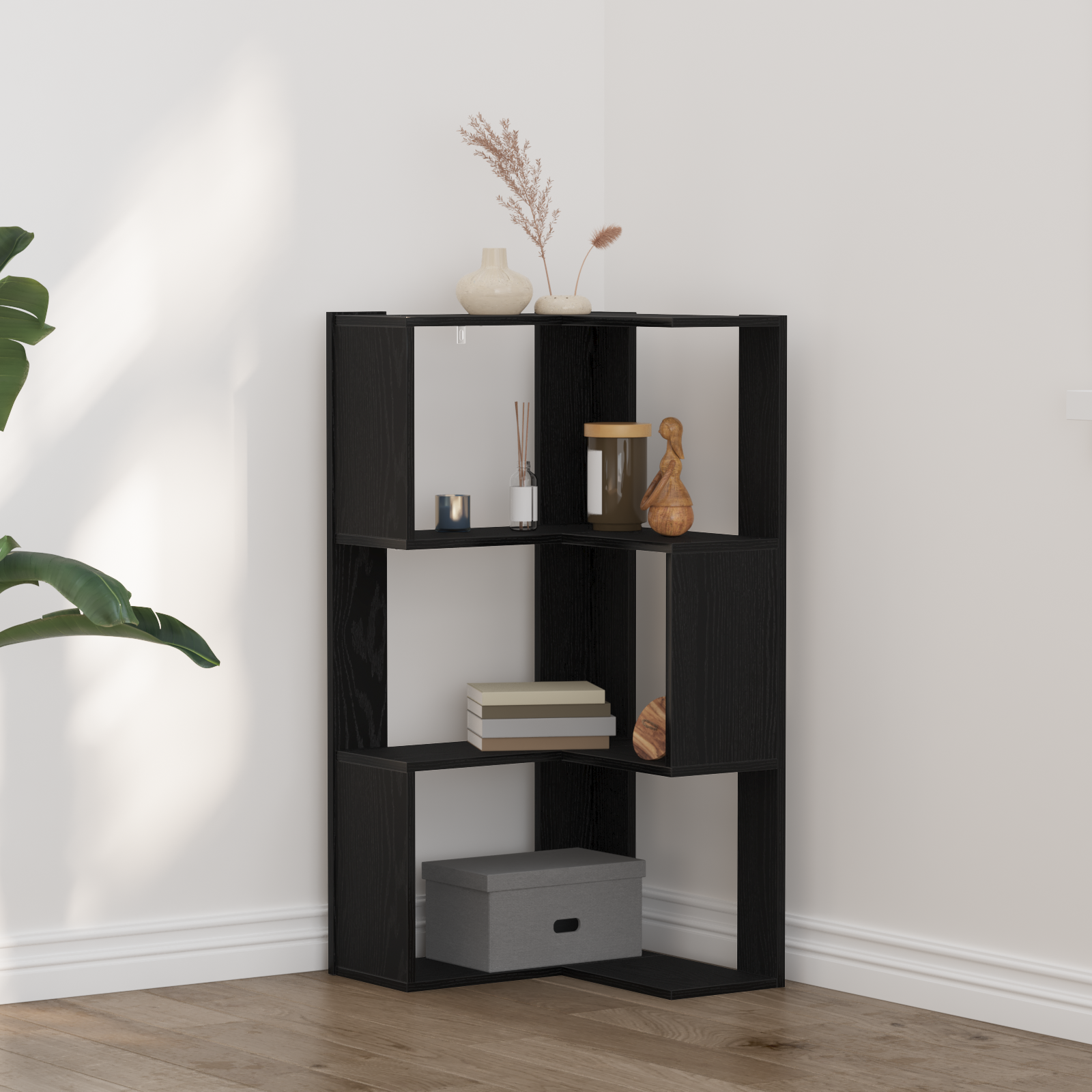 Corner Bookcase 3-Tier Black Oak 50x50x102 cm Engineered Wood