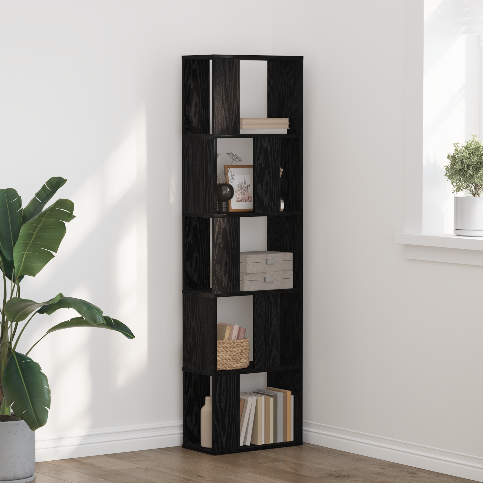 Bookcase 5-Tier Black Oak 45x23,5x162,5 cm Engineered Wood