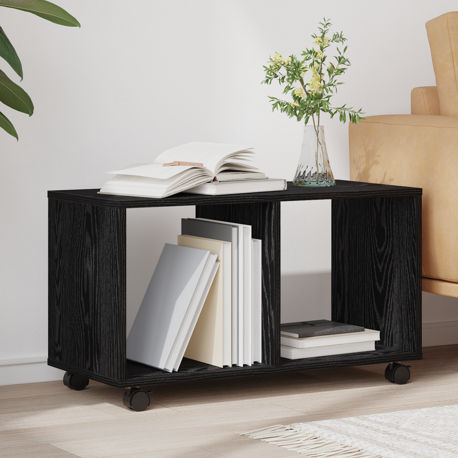 End Table with Wheels Black Oak 72x33x42,5 cm Engineered Wood