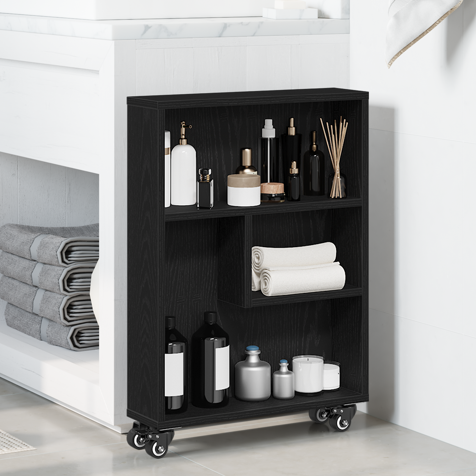 Narrow Storage Trolley Black Oak 48x13x68 cm Engineered Wood