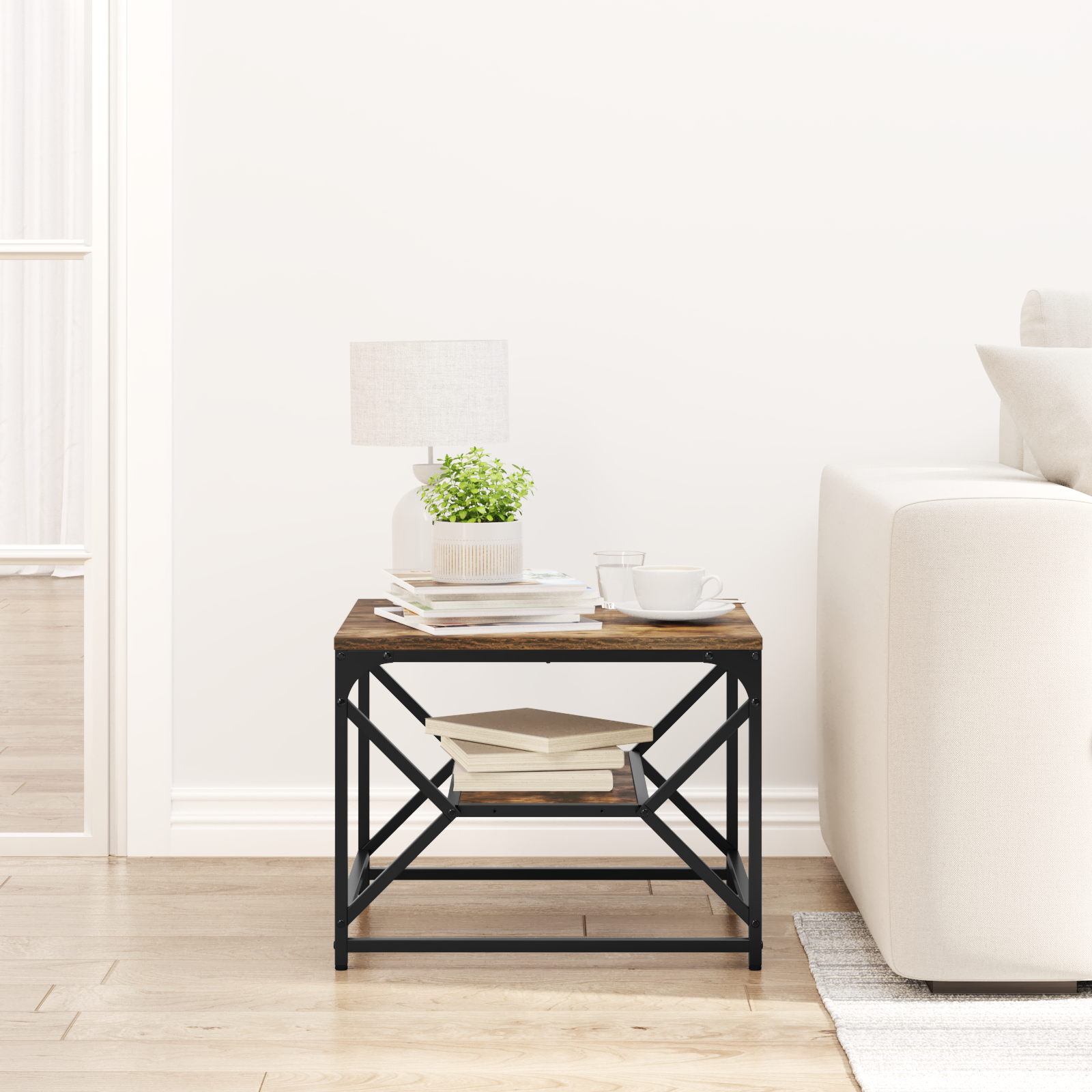 Coffee Table with Storage Shelf - Smoked Oak, 51x50x40 cm, Made of Engineered Wood - Image 4