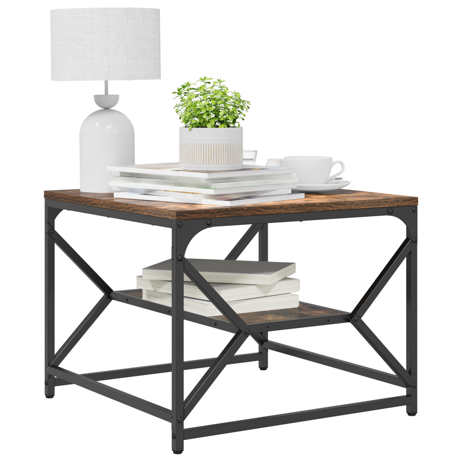 Coffee Table with Storage Shelf - Smoked Oak, 51x50x40 cm, Made of Engineered Wood - Image 3