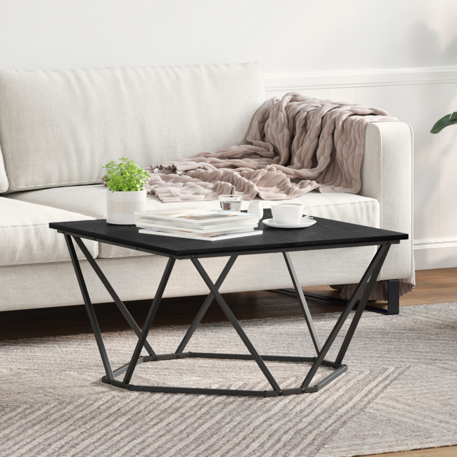 Black oak Metal Medium Sleek Coffee Table Rectangular
