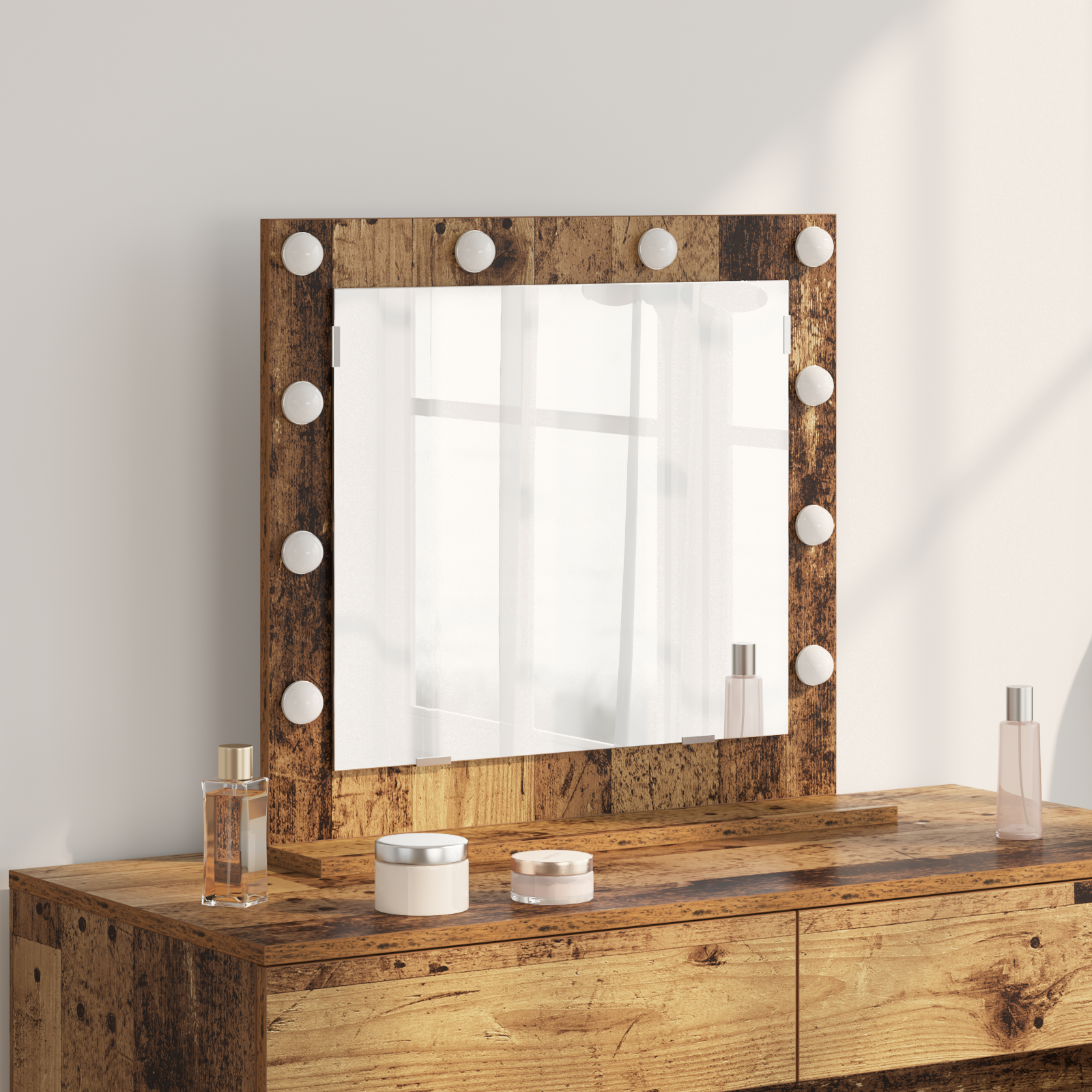 Make-upspiegel met LED-verlichting Oud Hout 60x55x18 cm