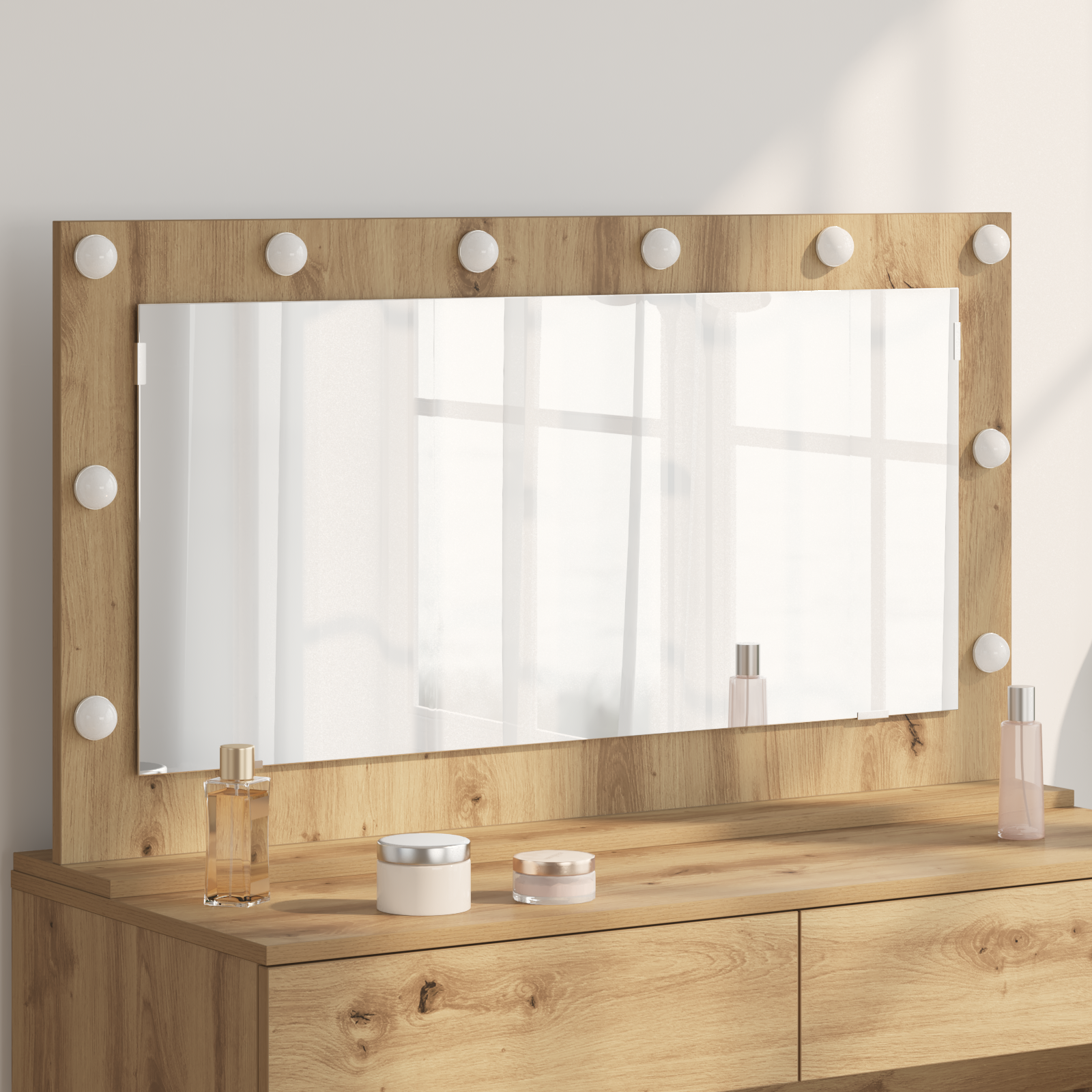 Vanity Spiegel Ambachtelijk Eiken Hout en Glas 100 x 55 cm