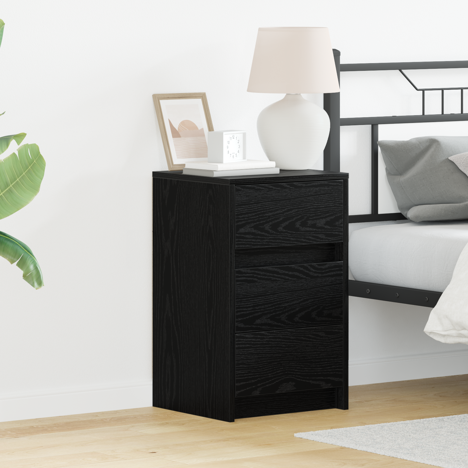 Bedside Cabinet with LED Lights Black Oak Engineered Wood
