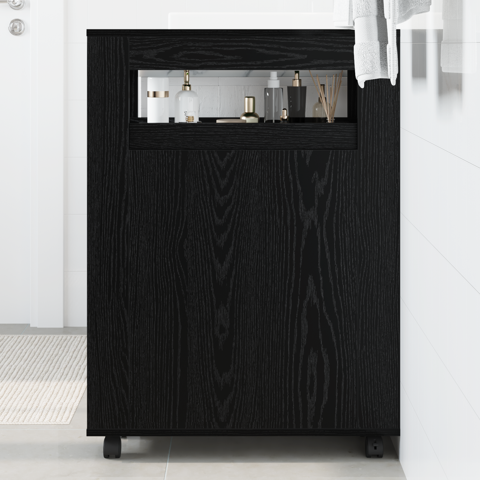 Thumbnail - vidaXL Schmaler Badezimmer Schrank mit Rädern Schwarz Holz Spanplatte