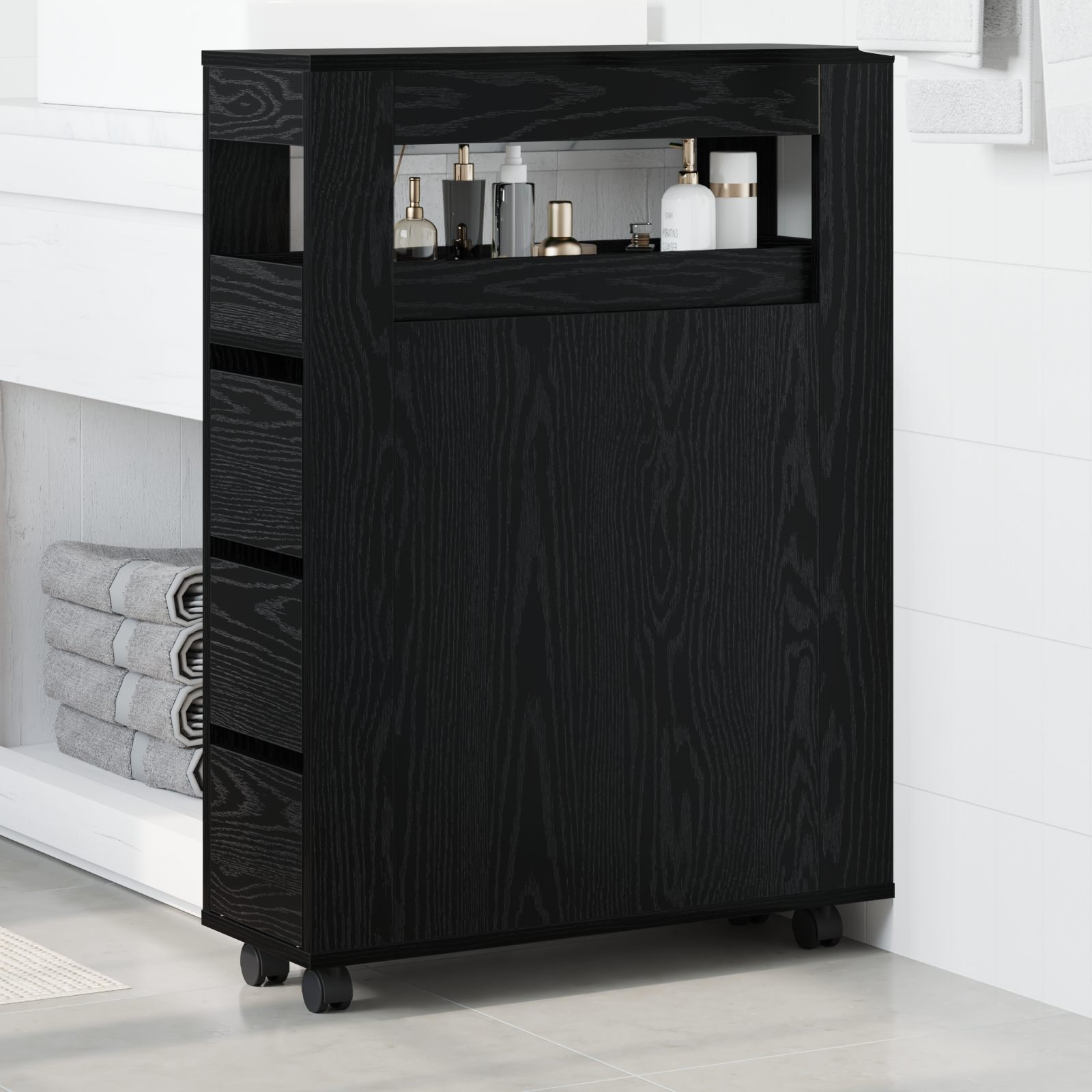 Narrow Bathroom Cabinet with Wheels Black Oak Engineered Wood - Image 4