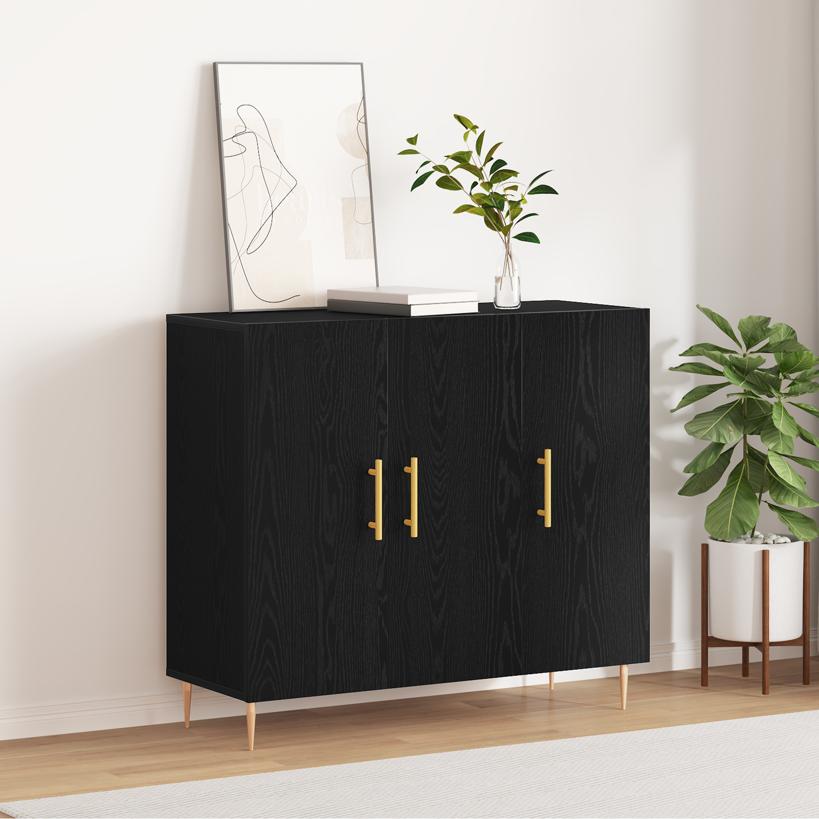 Black Oak Sideboard 90x34x80 cm made of Engineered Wood - Image 4