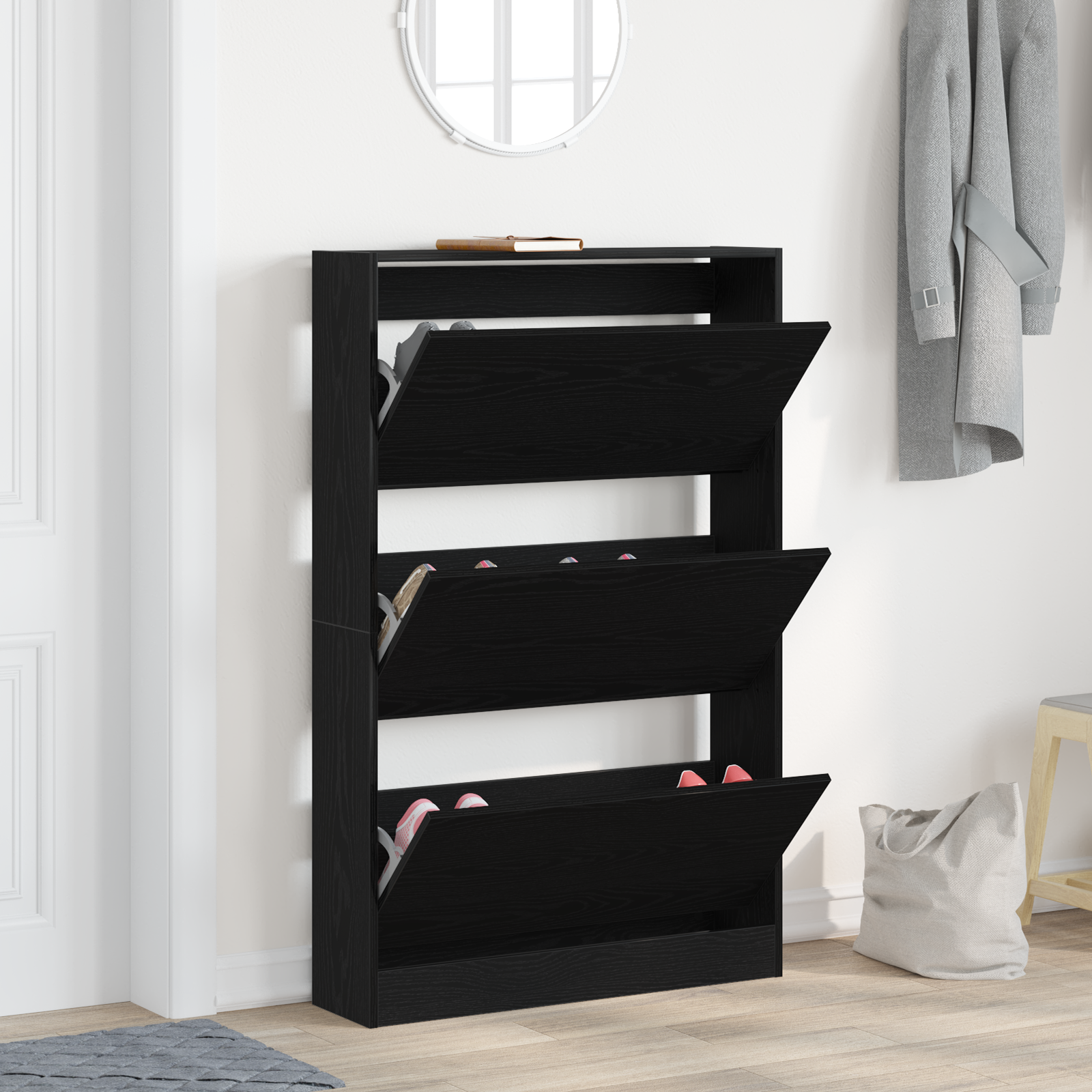 Shoe Cabinet Black Oak 80x21x125,5 cm Engineered Wood - Image 4