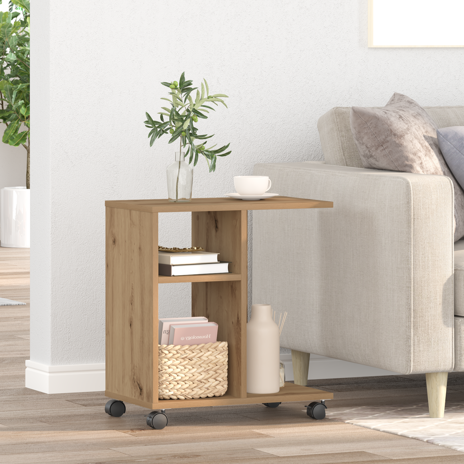 Side Table on Wheels - Artisan Oak, 50x30x55 cm, Made of Engineered Wood