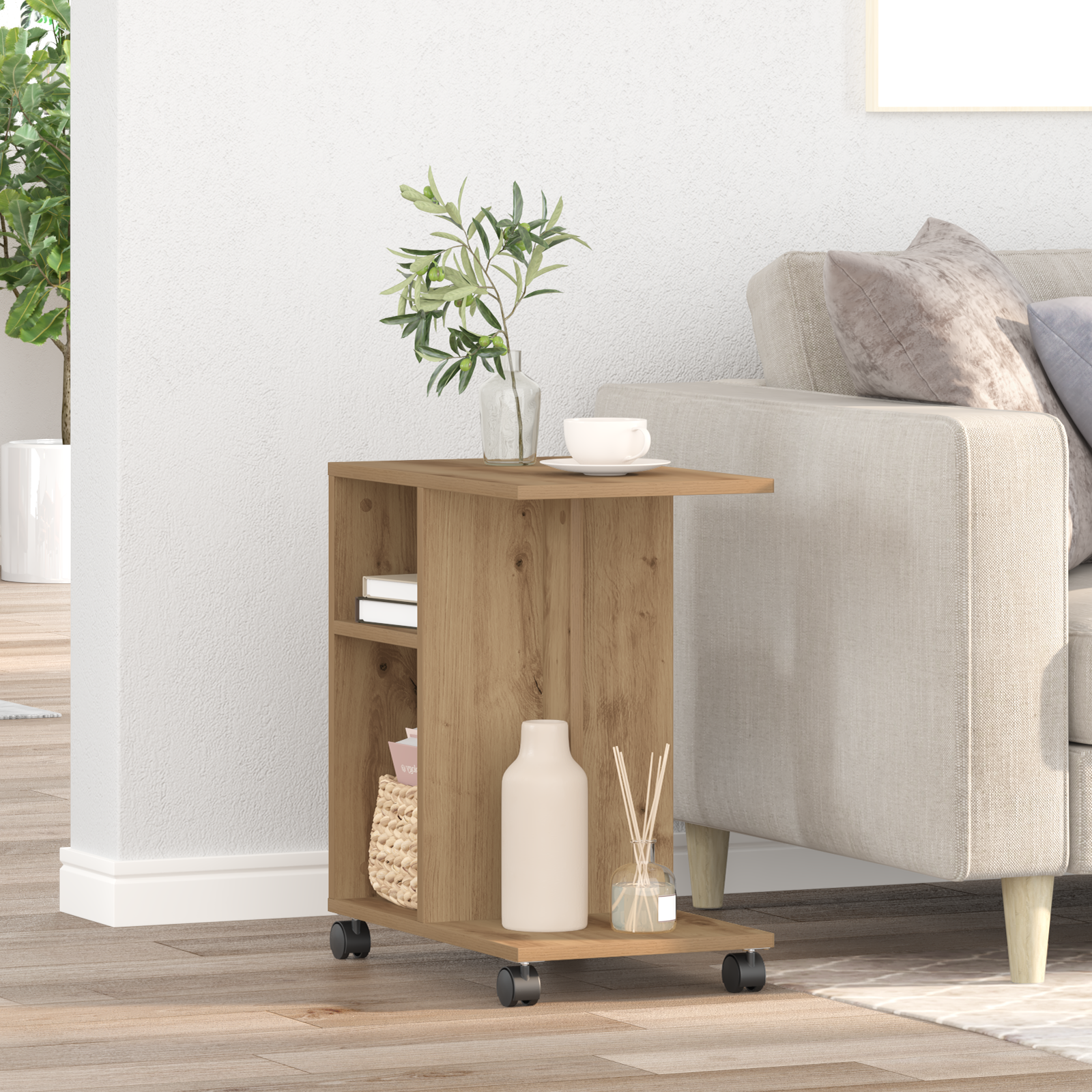 Side Table on Wheels - Artisan Oak, 50x30x55 cm, Made of Engineered Wood - Image 4