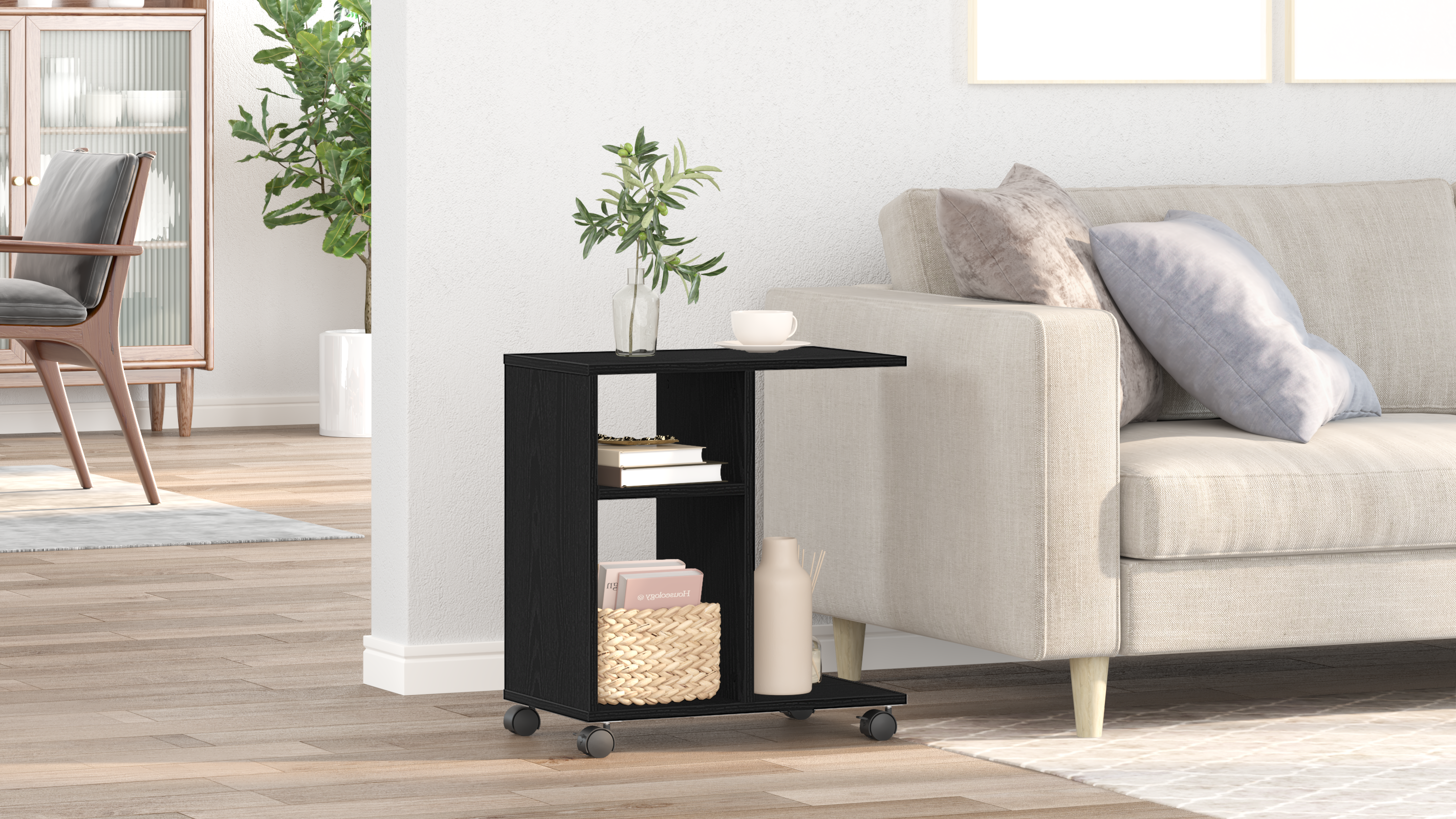 Rolling Side Table Black Oak 50x30x55 cm Made of Engineered Wood