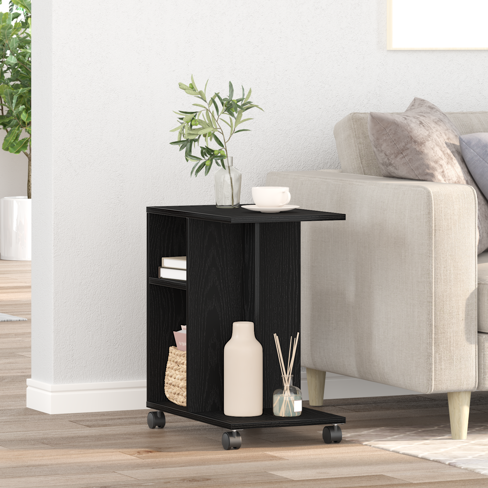 Rolling Side Table Black Oak 50x30x55 cm Made of Engineered Wood - Image 4