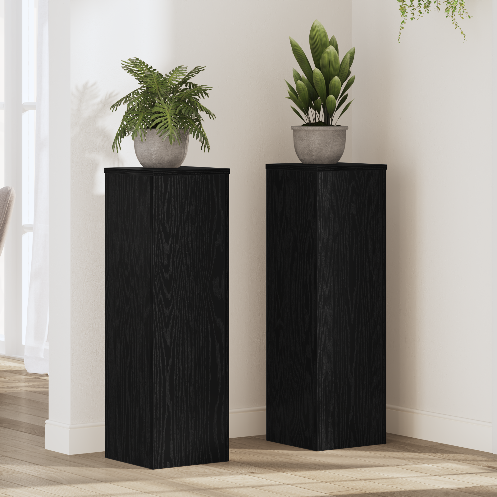 Plantenstandaarden 2 stuks Zwart Eiken 25x25x80 cm Gelaagd Hout
