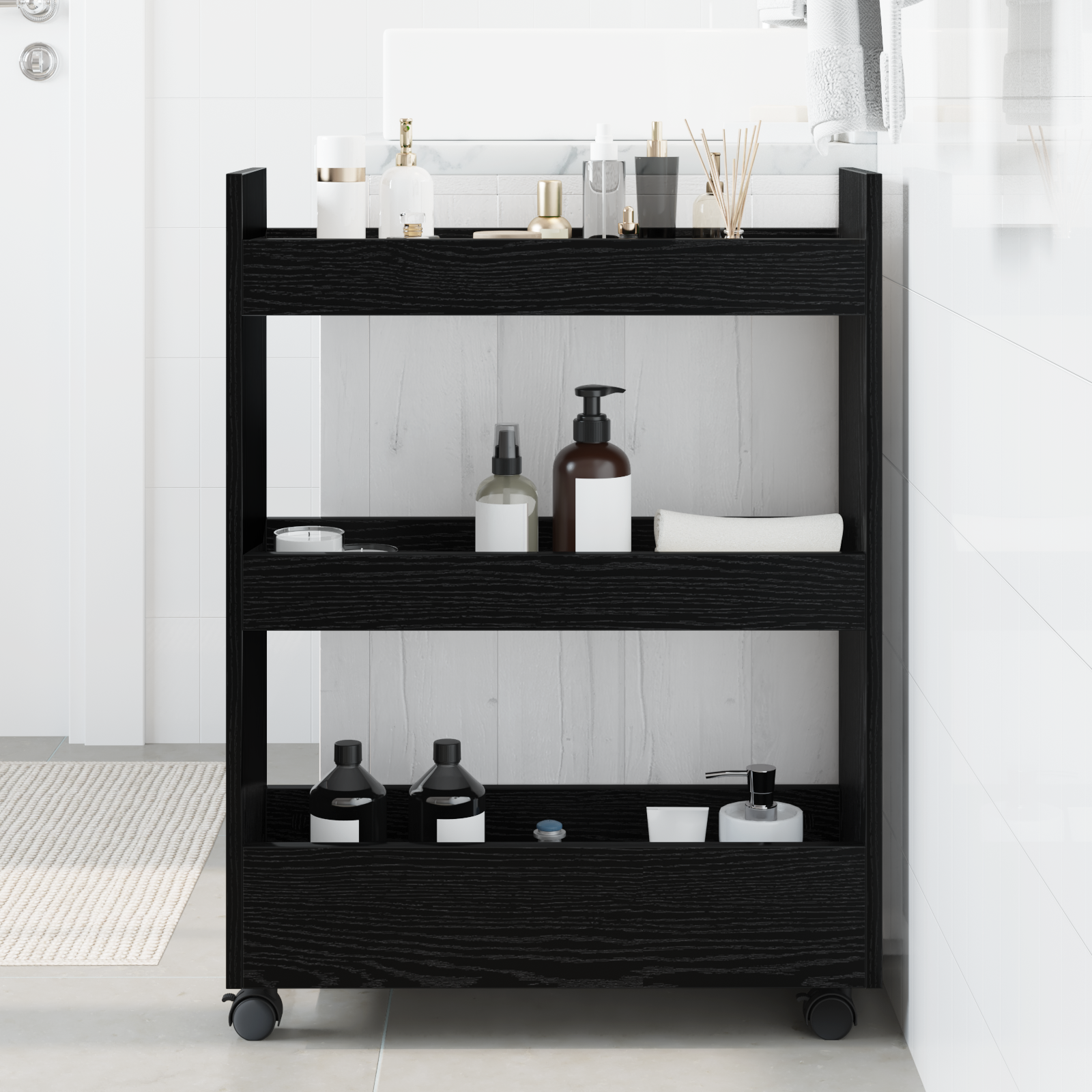 Narrow Storage Trolley 3 Tier Black Oak Engineered Wood