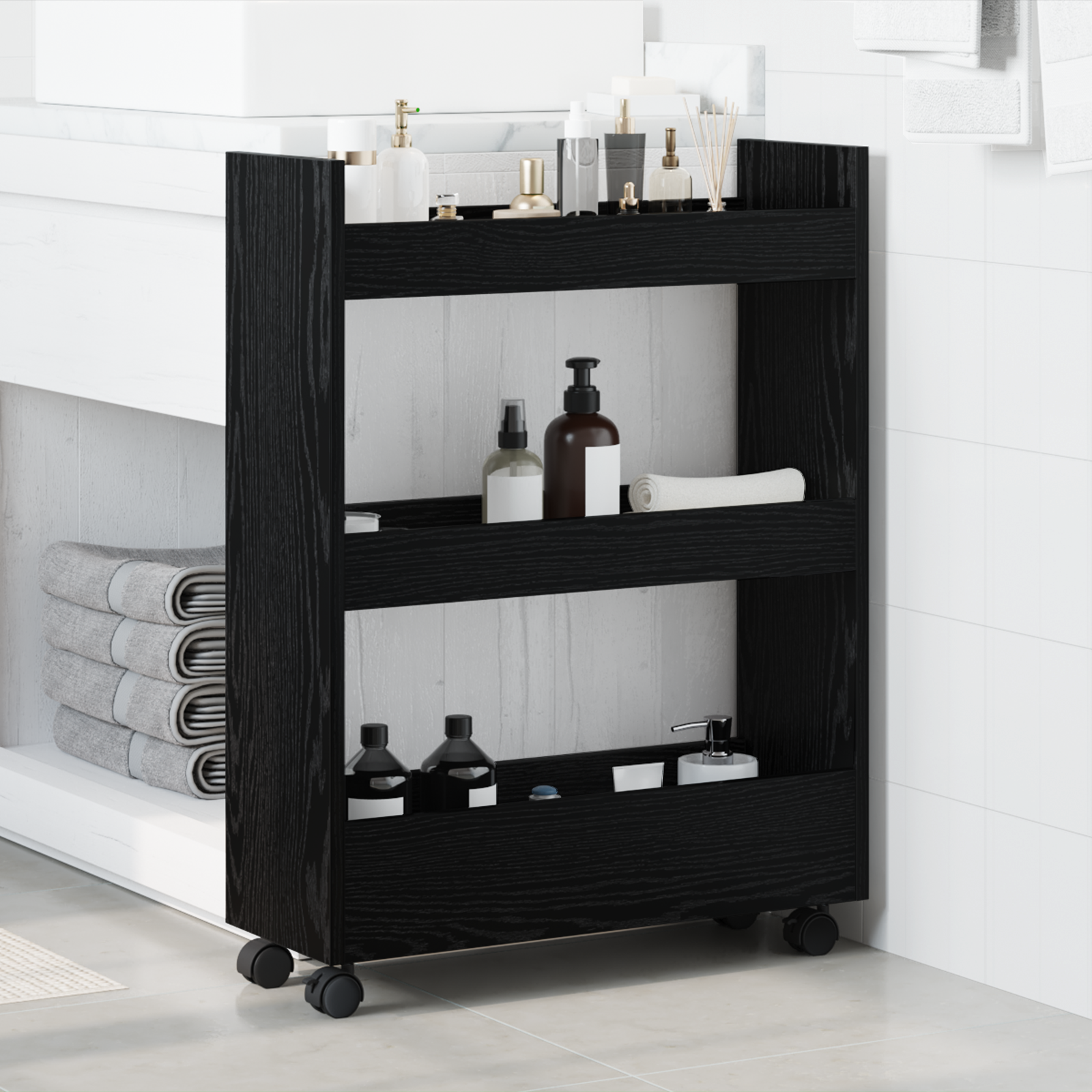 Narrow Storage Trolley 3 Tier Black Oak Engineered Wood - Image 4