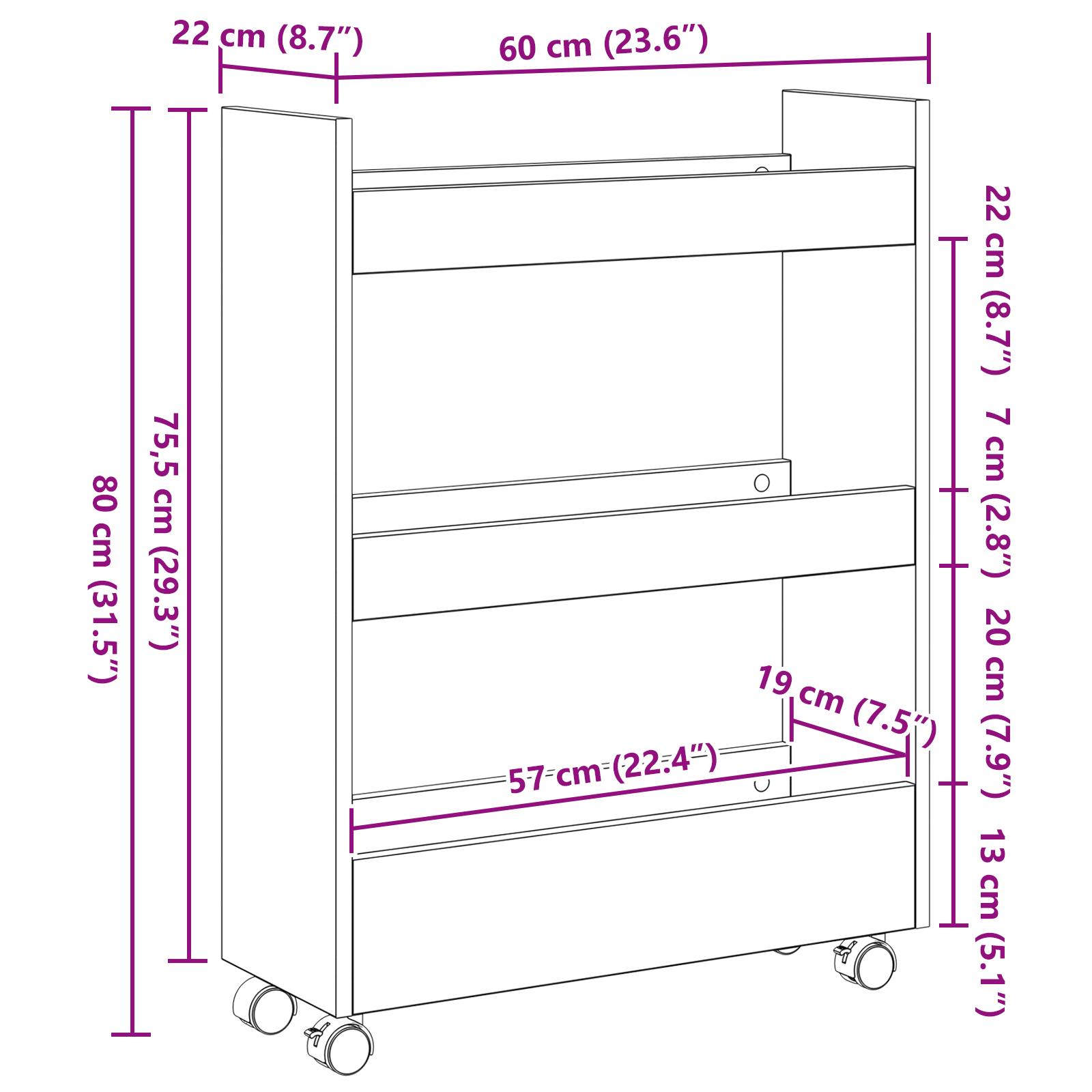 Narrow Storage Trolley 3 Tier Black Oak Engineered Wood - Image 10