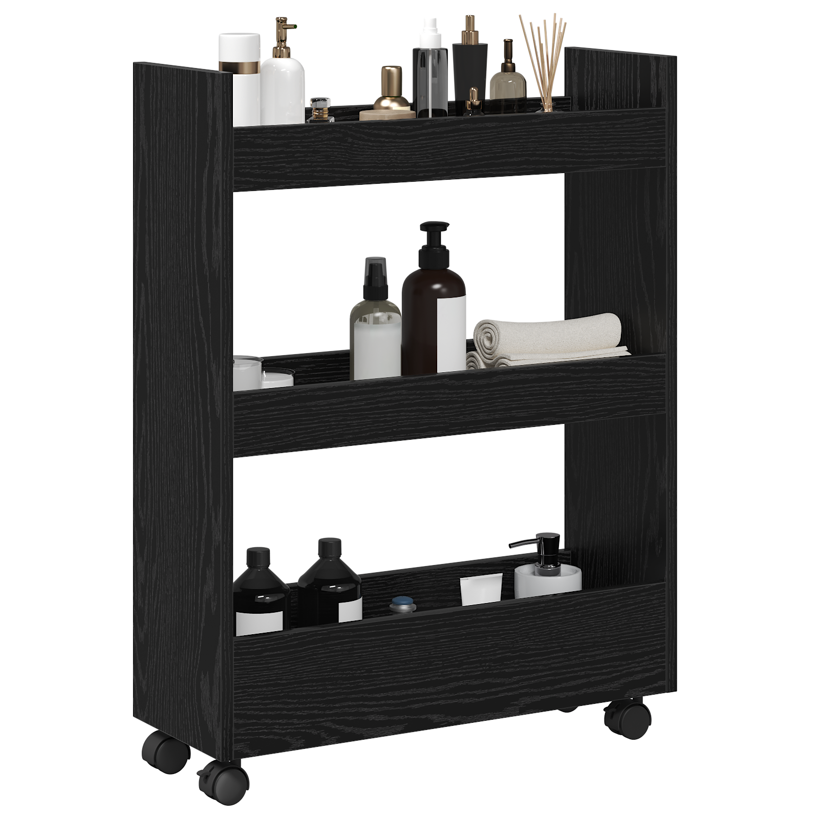 Narrow Storage Trolley 3 Tier Black Oak Engineered Wood - Image 3