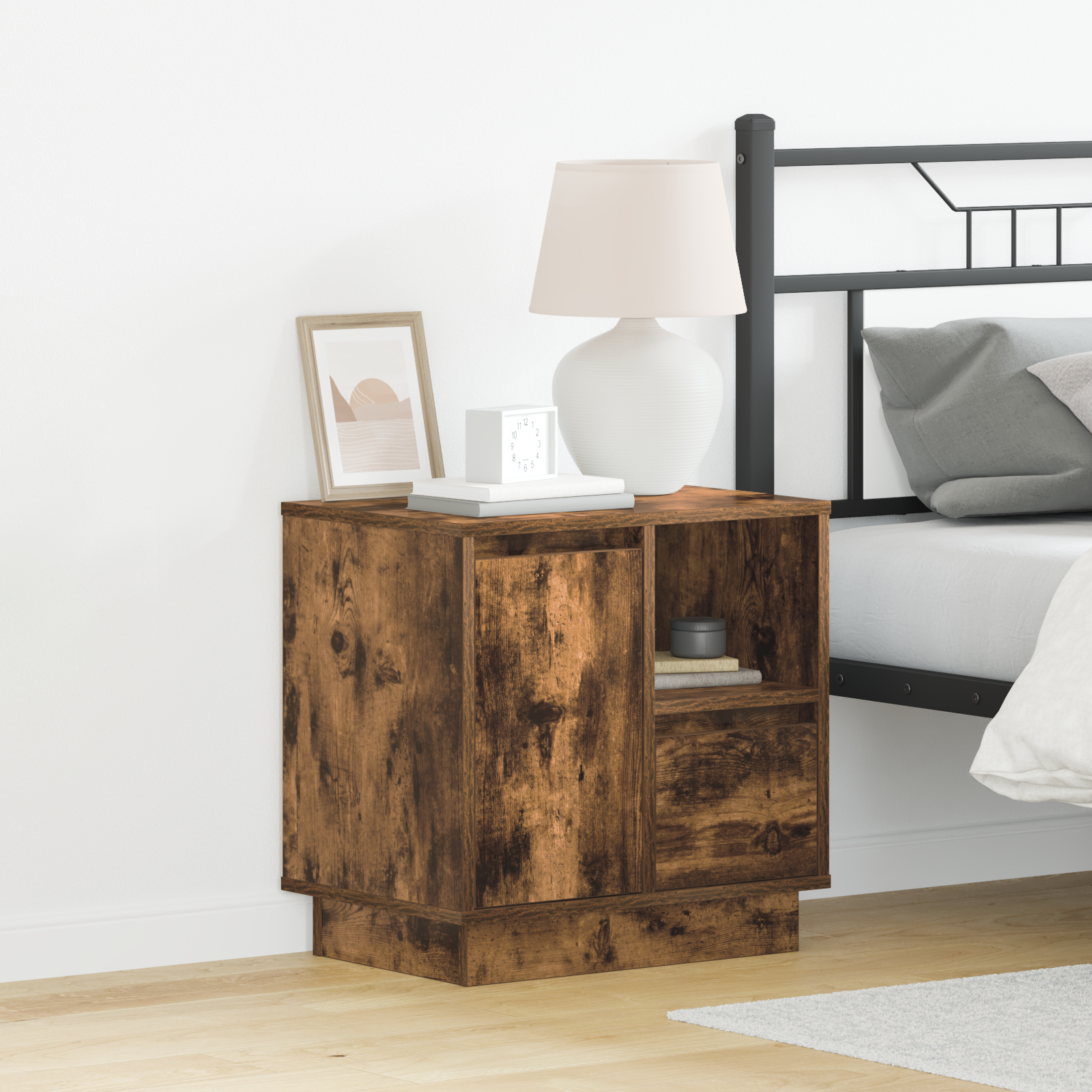 Bedside Cabinet with LED Lights Smoked Oak 50x34,5x50 cm