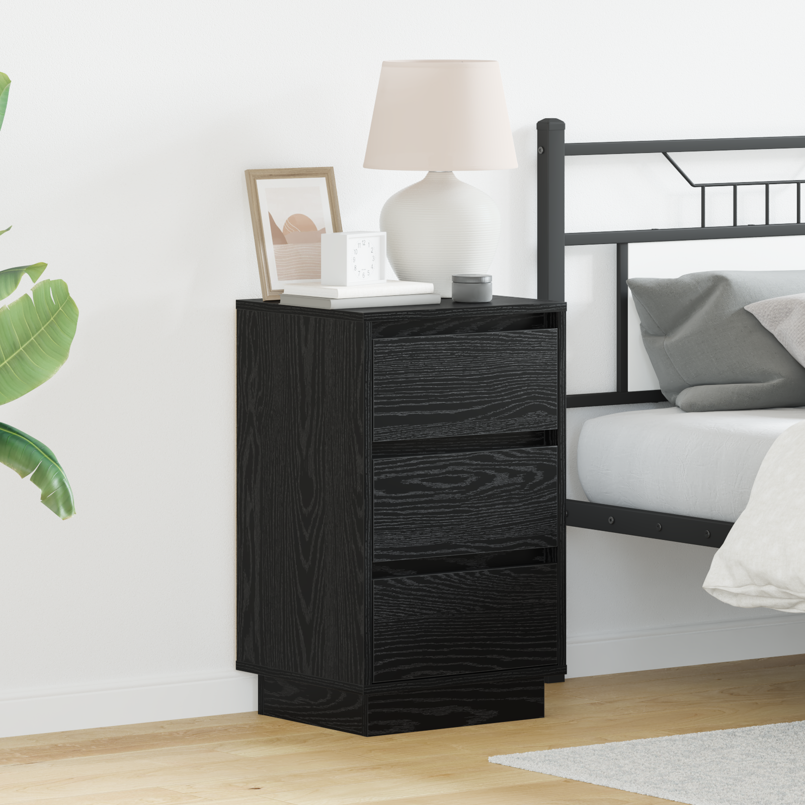 Bedside Cabinet with LED Black Oak 39x34.5x65 cm Engineered Wood