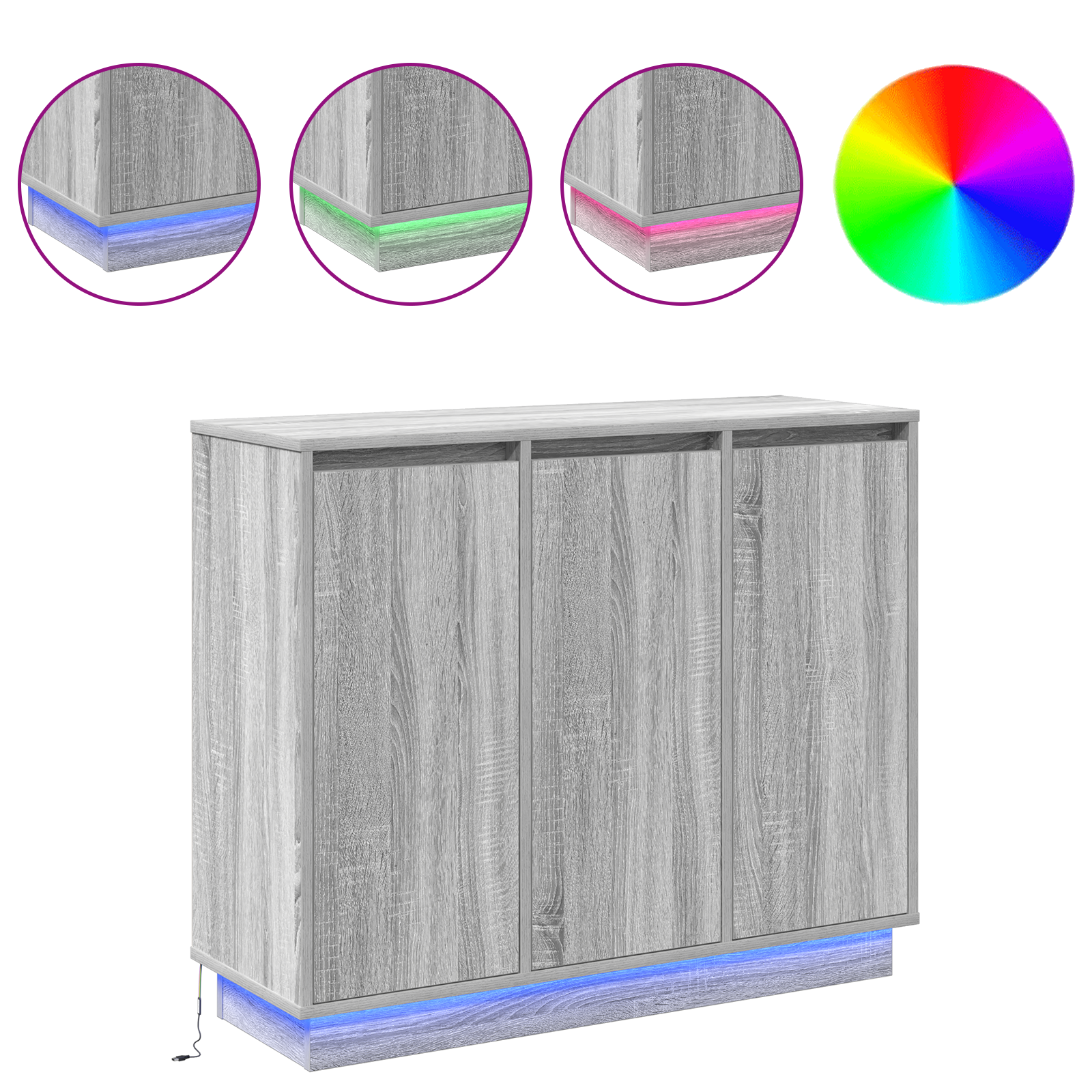 Sideboard with LED - Grey Sonoma, 90x32x75 cm, Made of Engineered Wood - Image 4