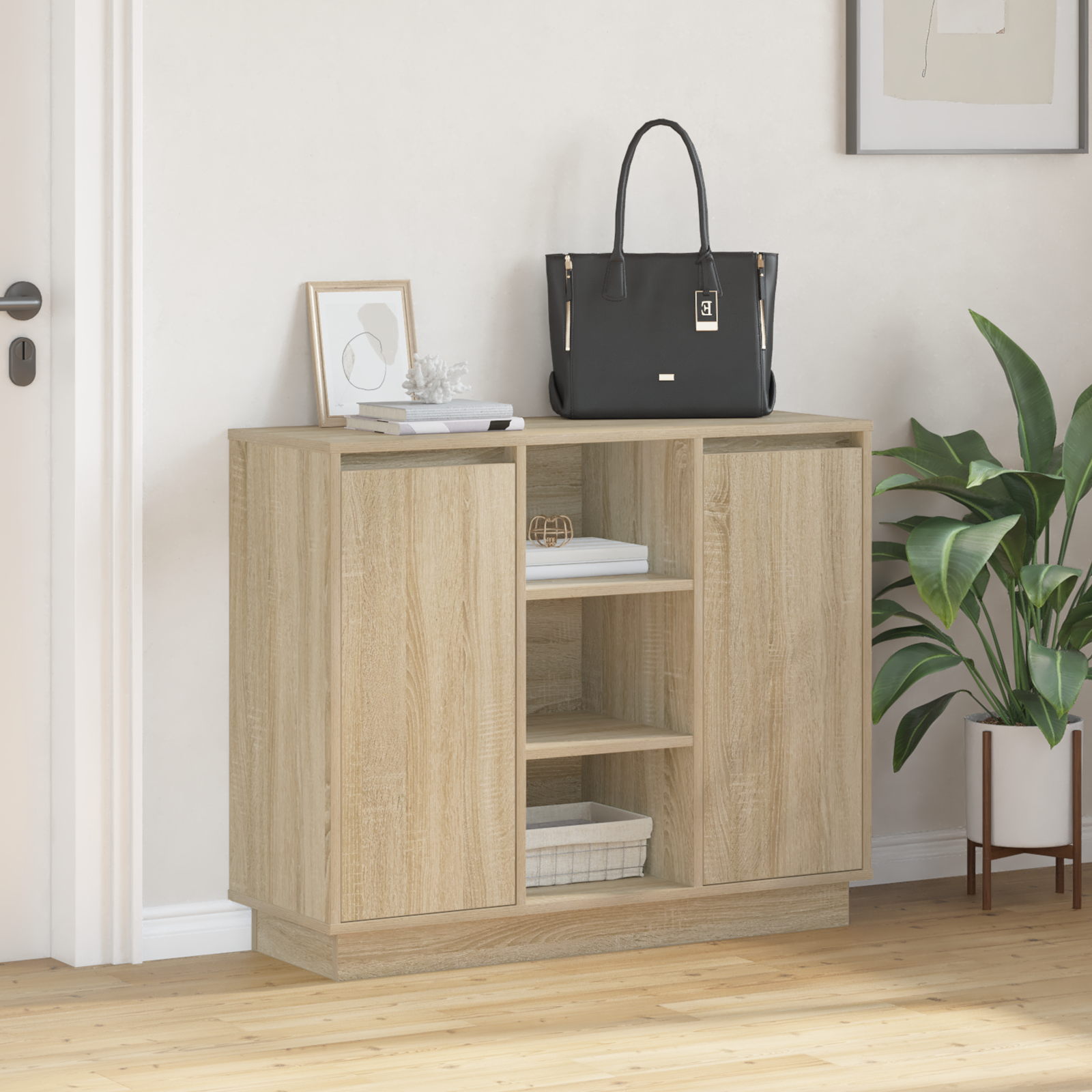 Sideboard with LED Sonoma Oak 90x32x75 cm Engineered Wood - Image 5