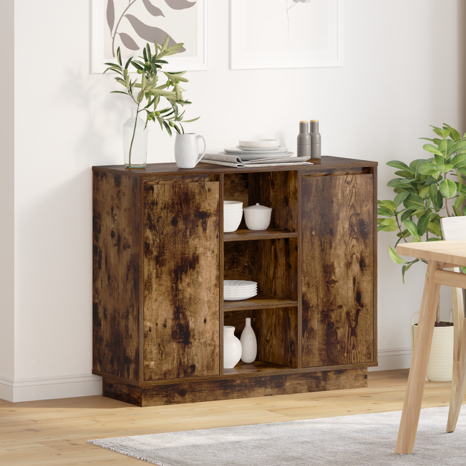 Sideboard with LED Smoked Oak 90x32x75 cm Engineered Wood