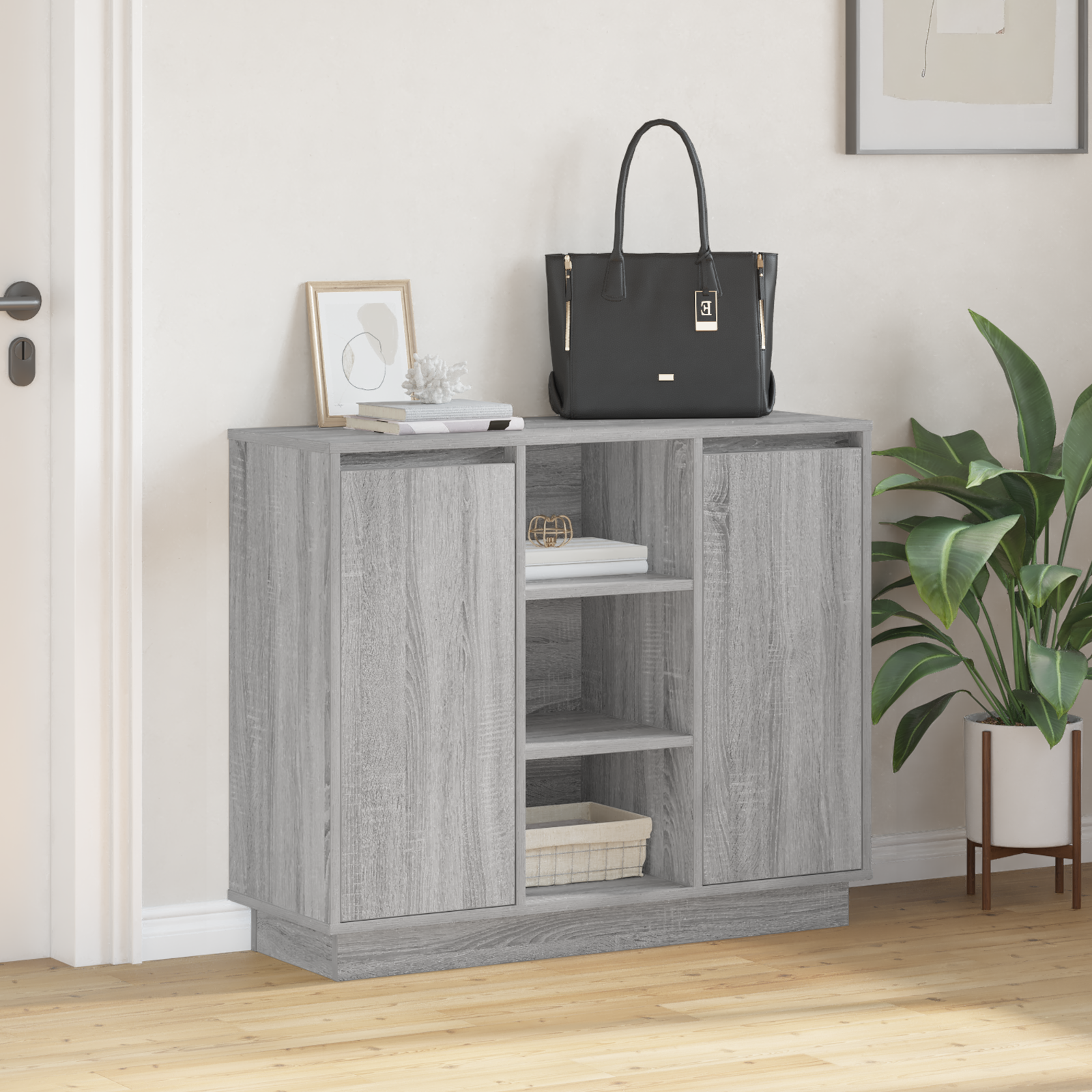 Sideboard with LED Grey Sonoma 90x32x75 cm Engineered Wood - Image 5