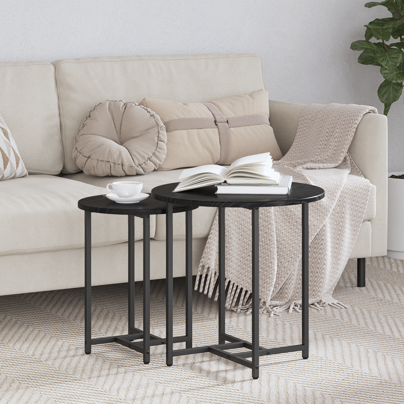 Side Table Set of 2 - Black Oak and Metal