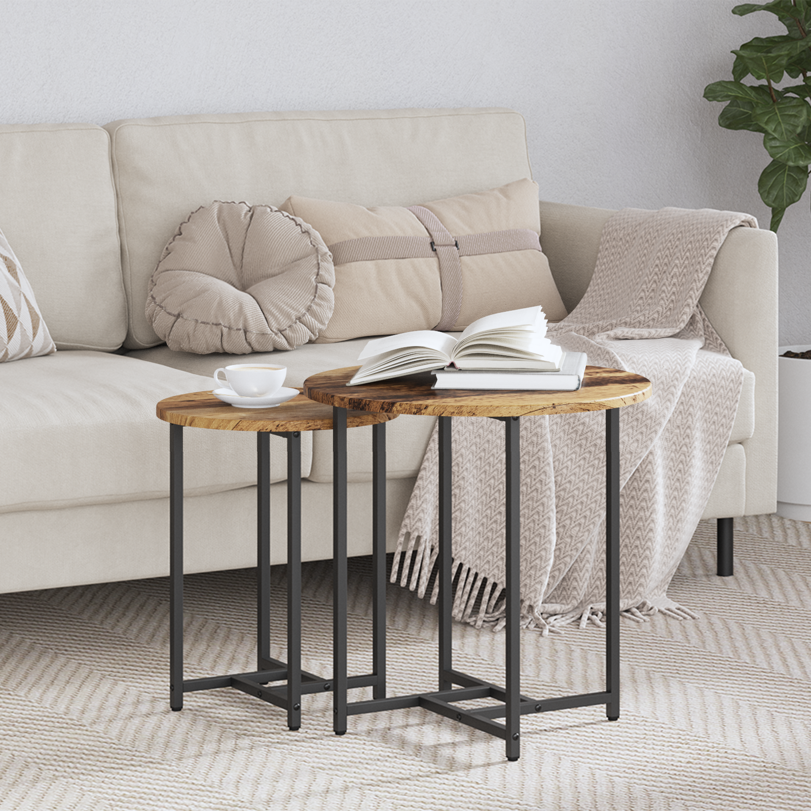 Side Table Set of 2 - Vintage Wood, Engineered Wood, and Metal