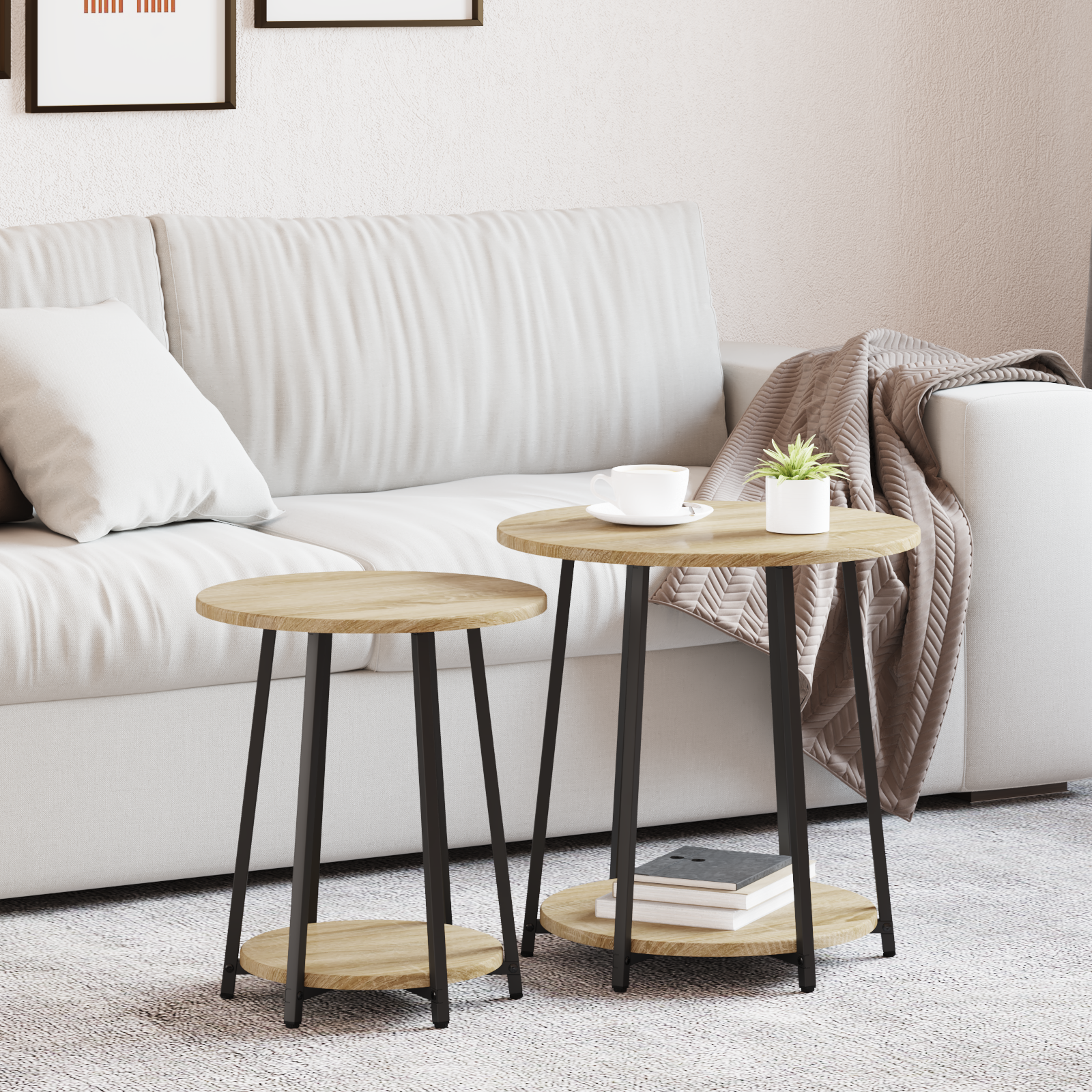Side Table Set - 2 Pieces in Sonoma Oak with Metal