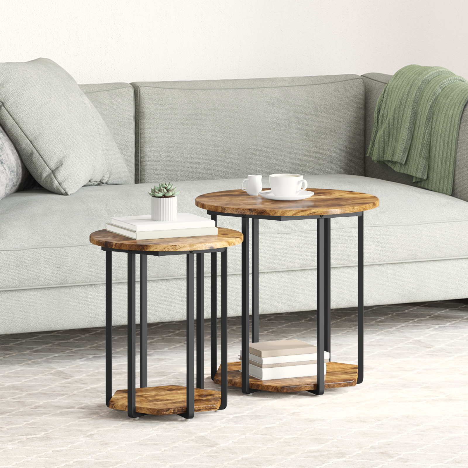 Side Table 2 pcs Smoked Oak Engineered Wood and Metal