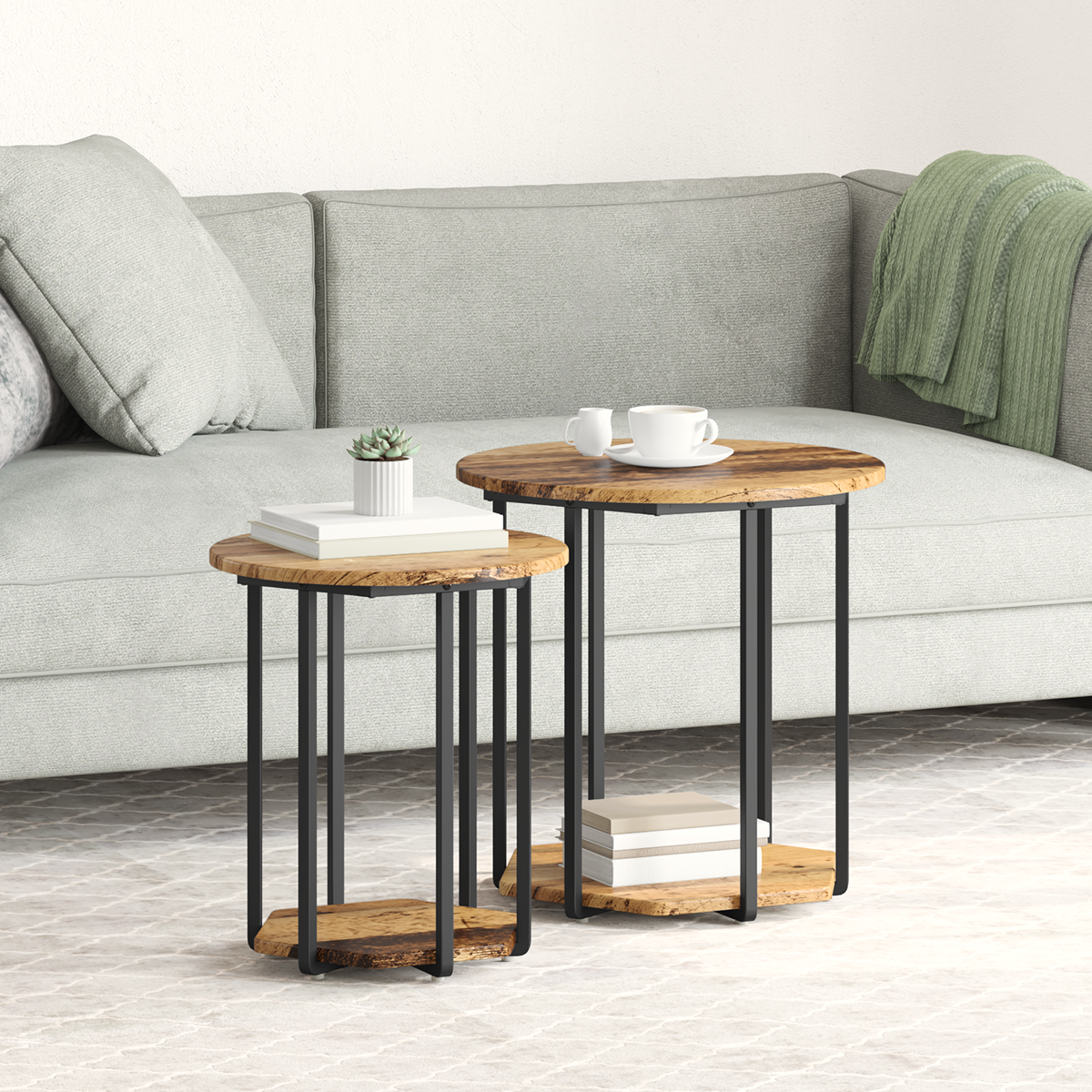 Side Table Set of 2 - Old Wood and Metal