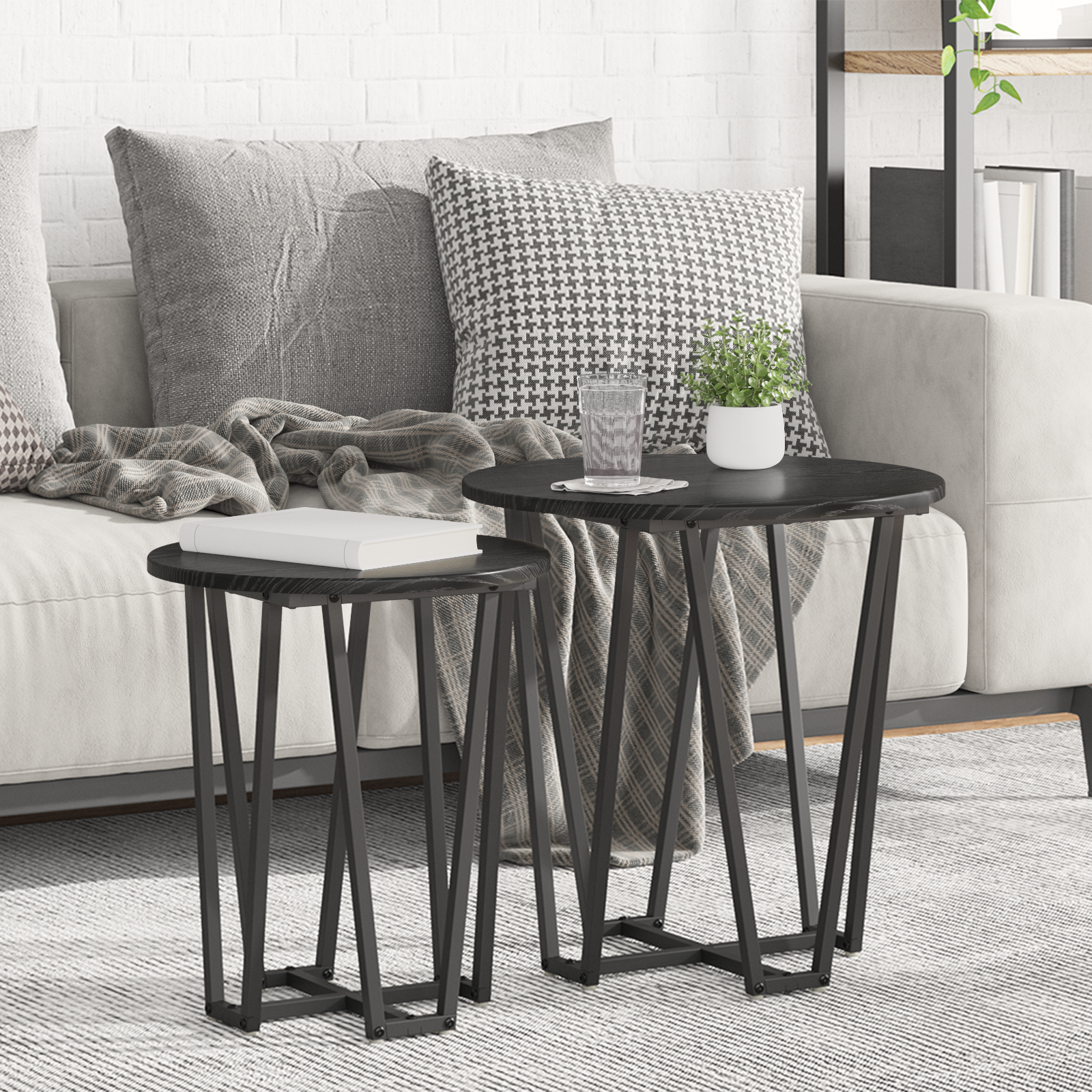 Side Table Set of 2 - Black Oak MDF and Metal