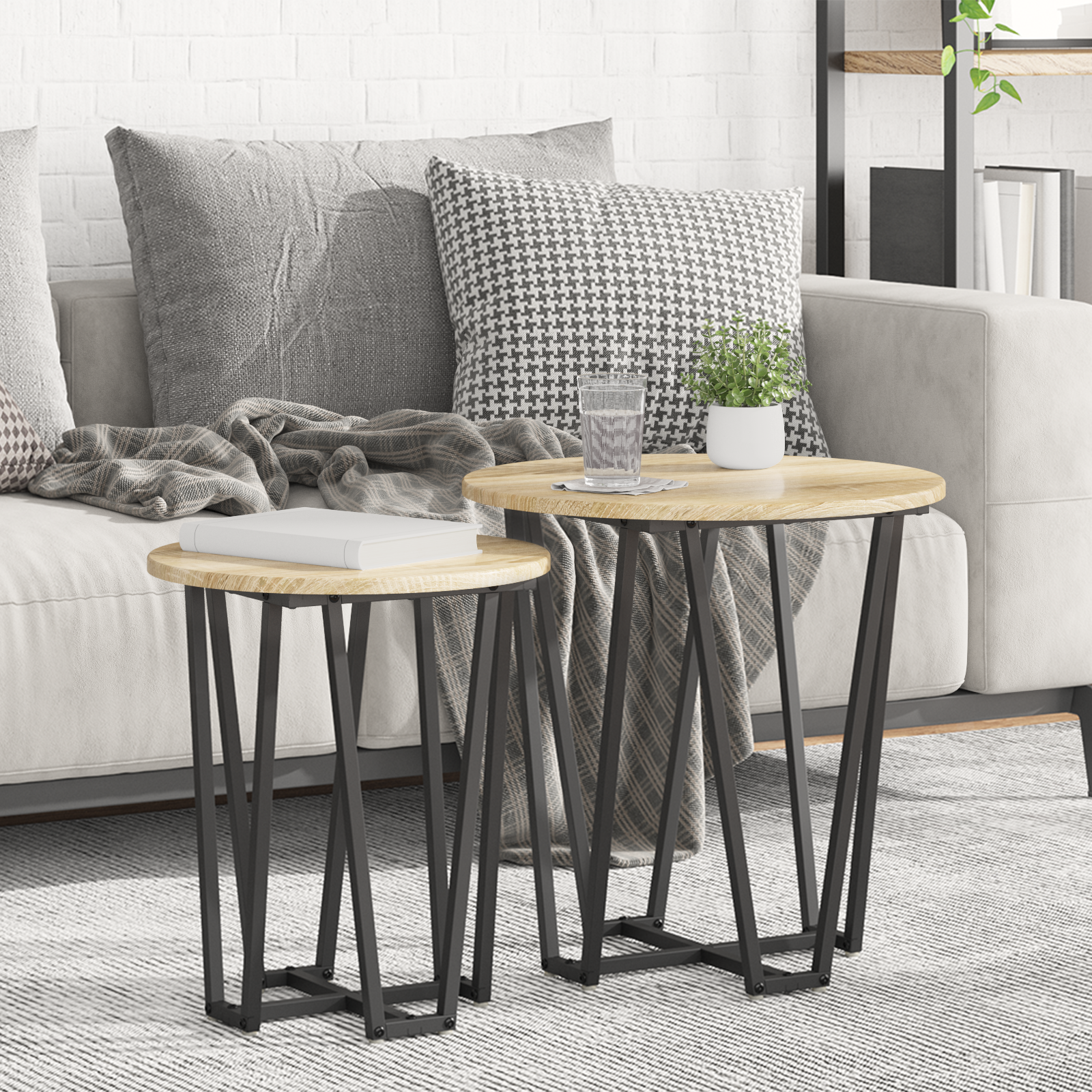 Side Table Set of 2 - Sonoma Oak Engineered Wood and Metal