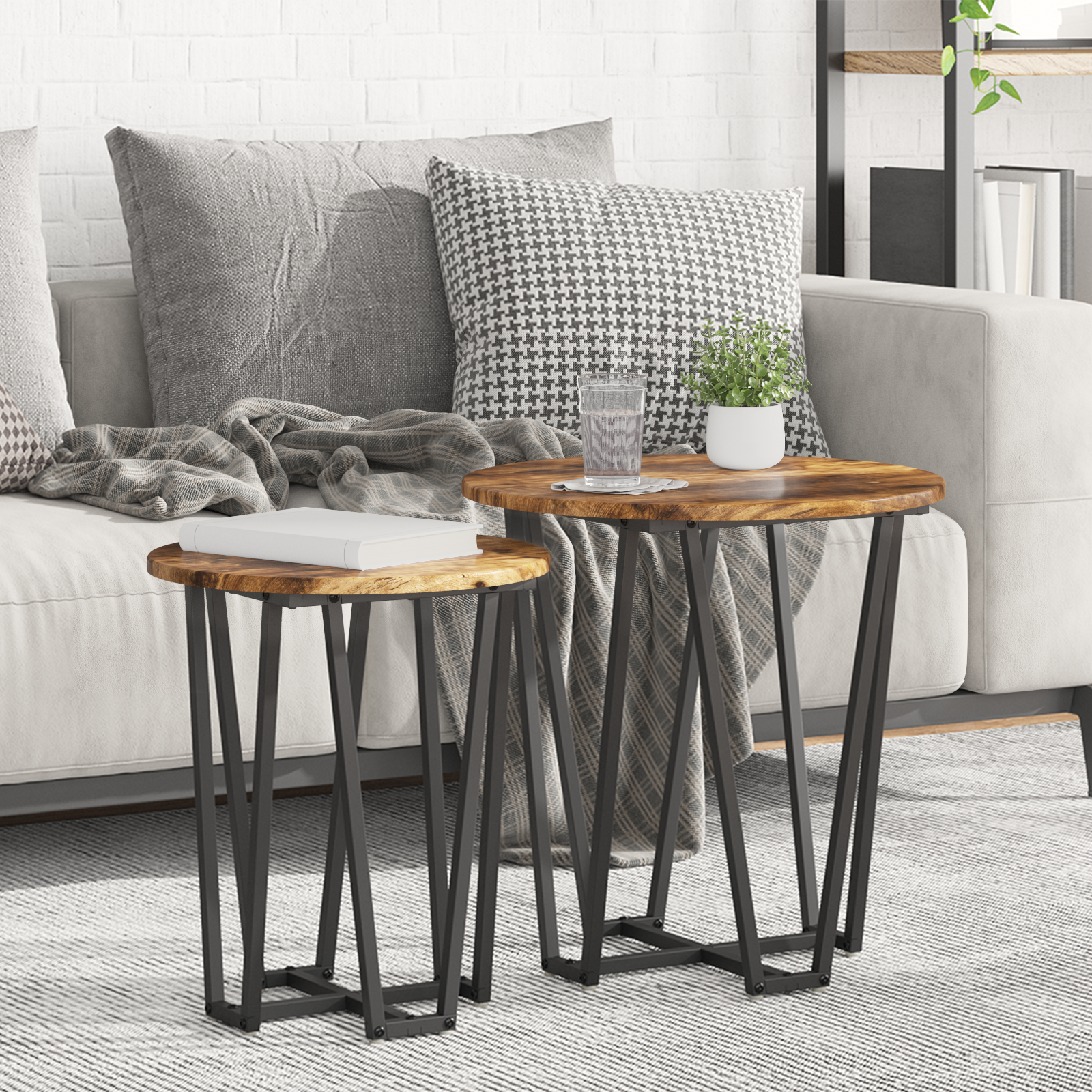 Side Table Set - 2 Pieces, Smoked Oak, Engineered Wood and Metal