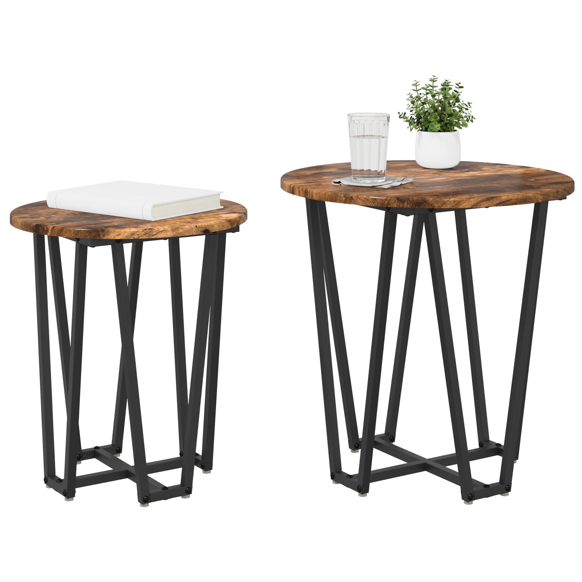 Side Table Set - 2 Pieces, Smoked Oak, Engineered Wood and Metal - Image 3