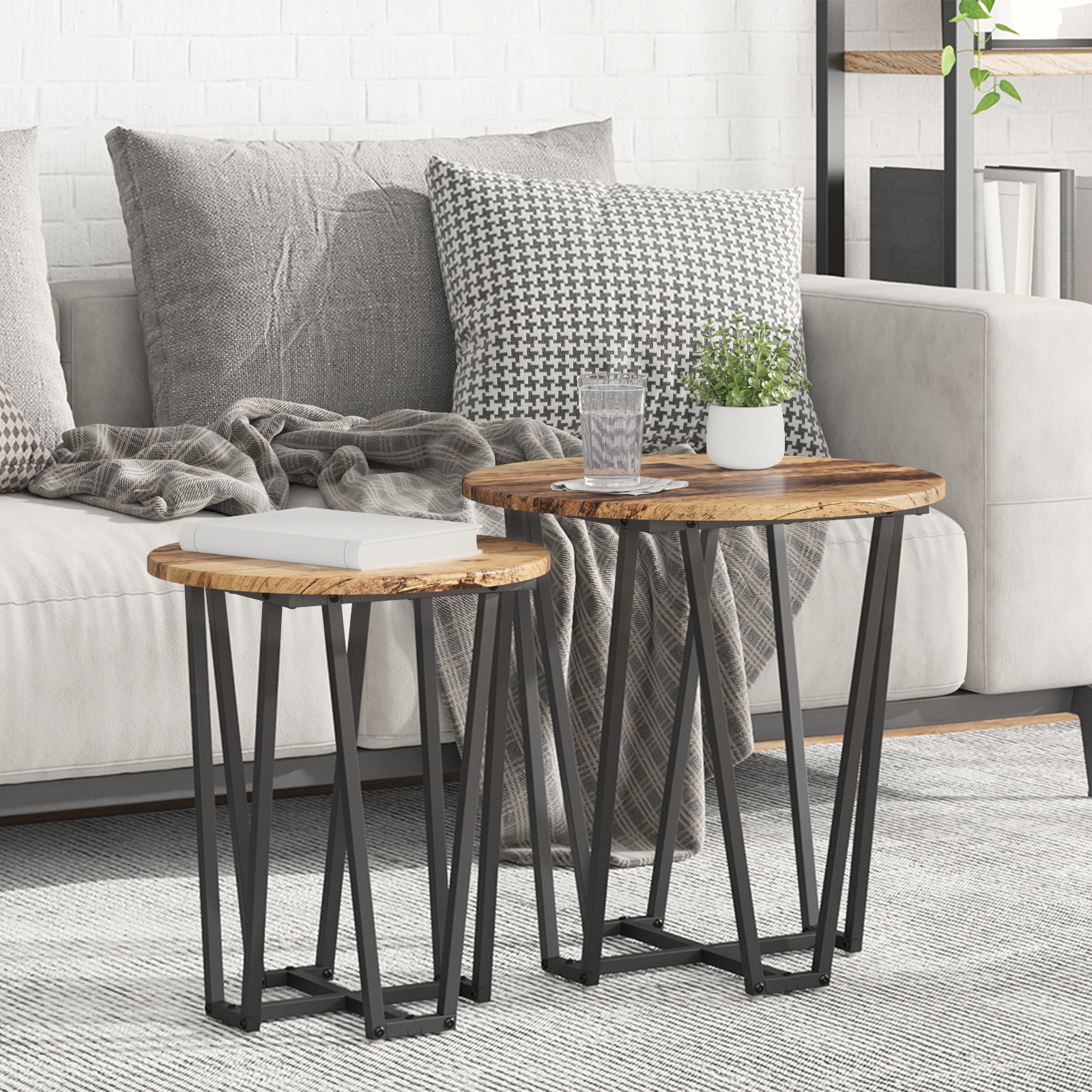 Side Table Set - 2 Pieces, Rustic Wood Look, Metal Base