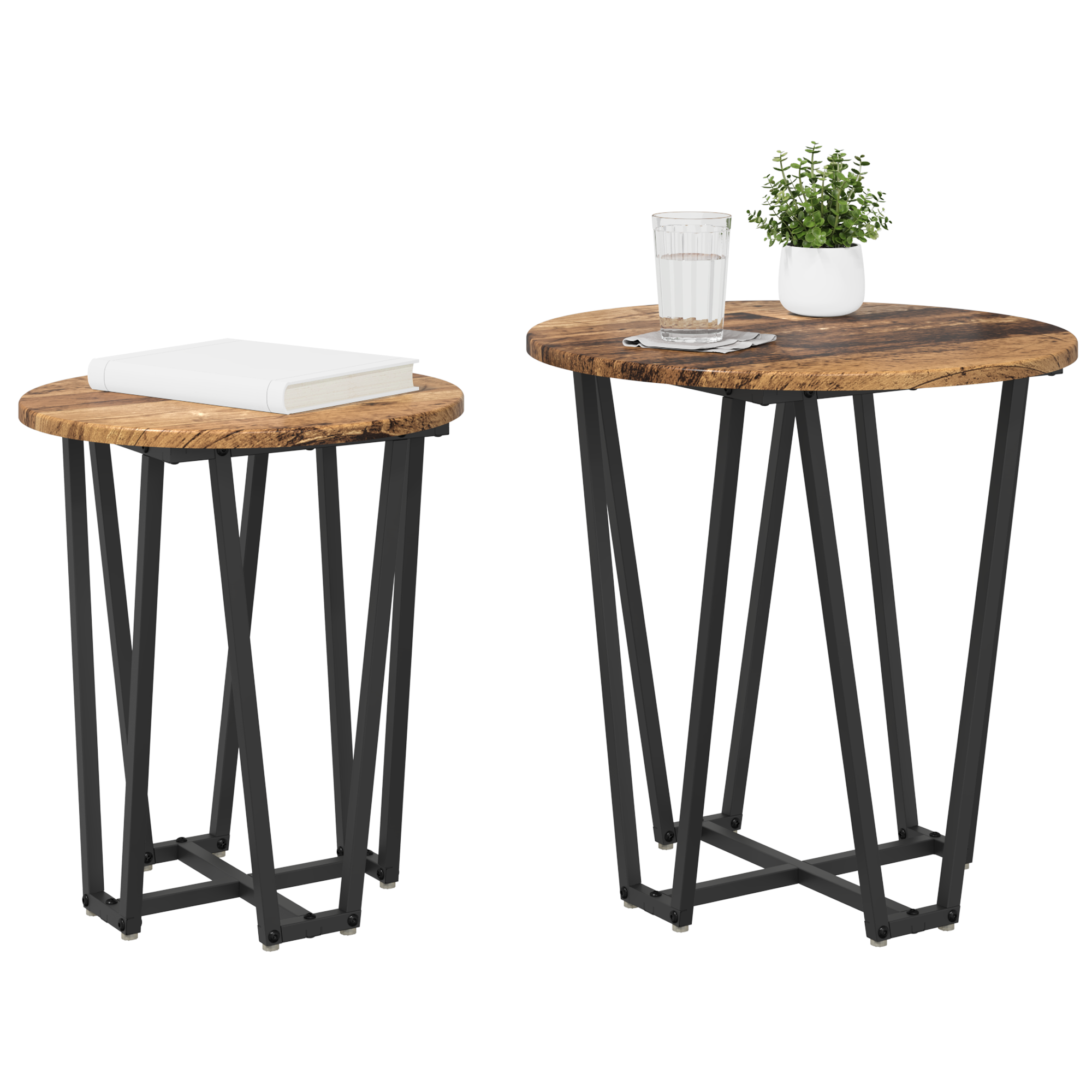 Side Table Set - 2 Pieces, Rustic Wood Look, Metal Base - Image 3