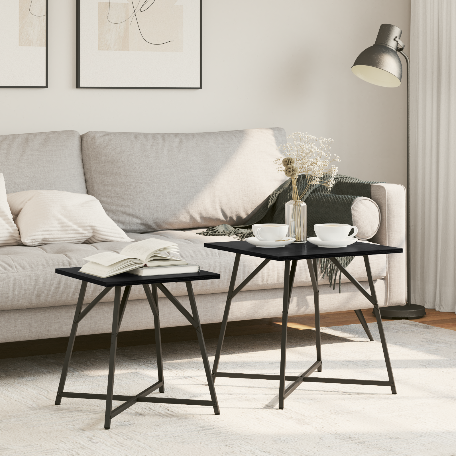 Side Table Set of 2 - Black Oak Engineered Wood and Metal