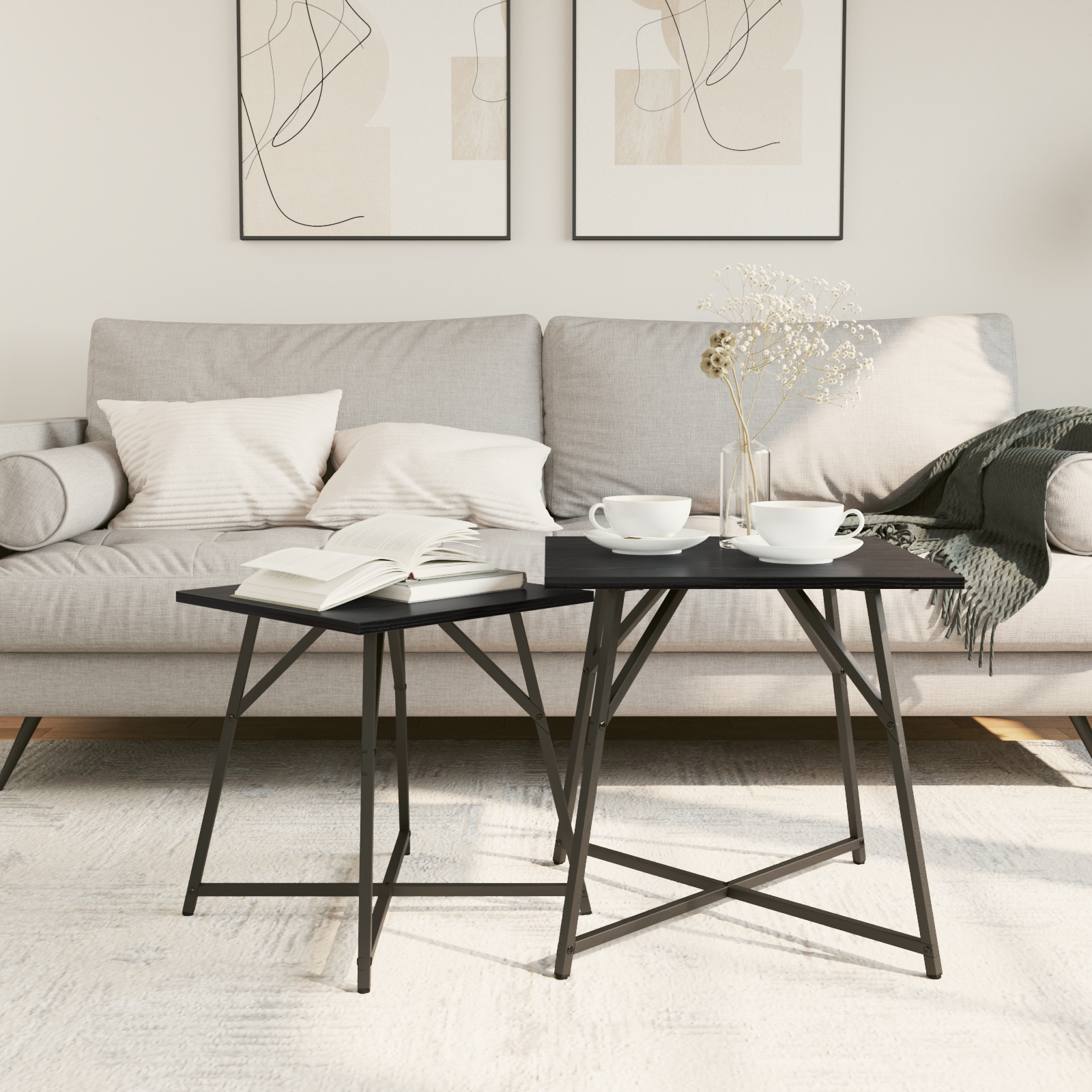 Side Table Set of 2 - Black Oak Engineered Wood and Metal - Image 4