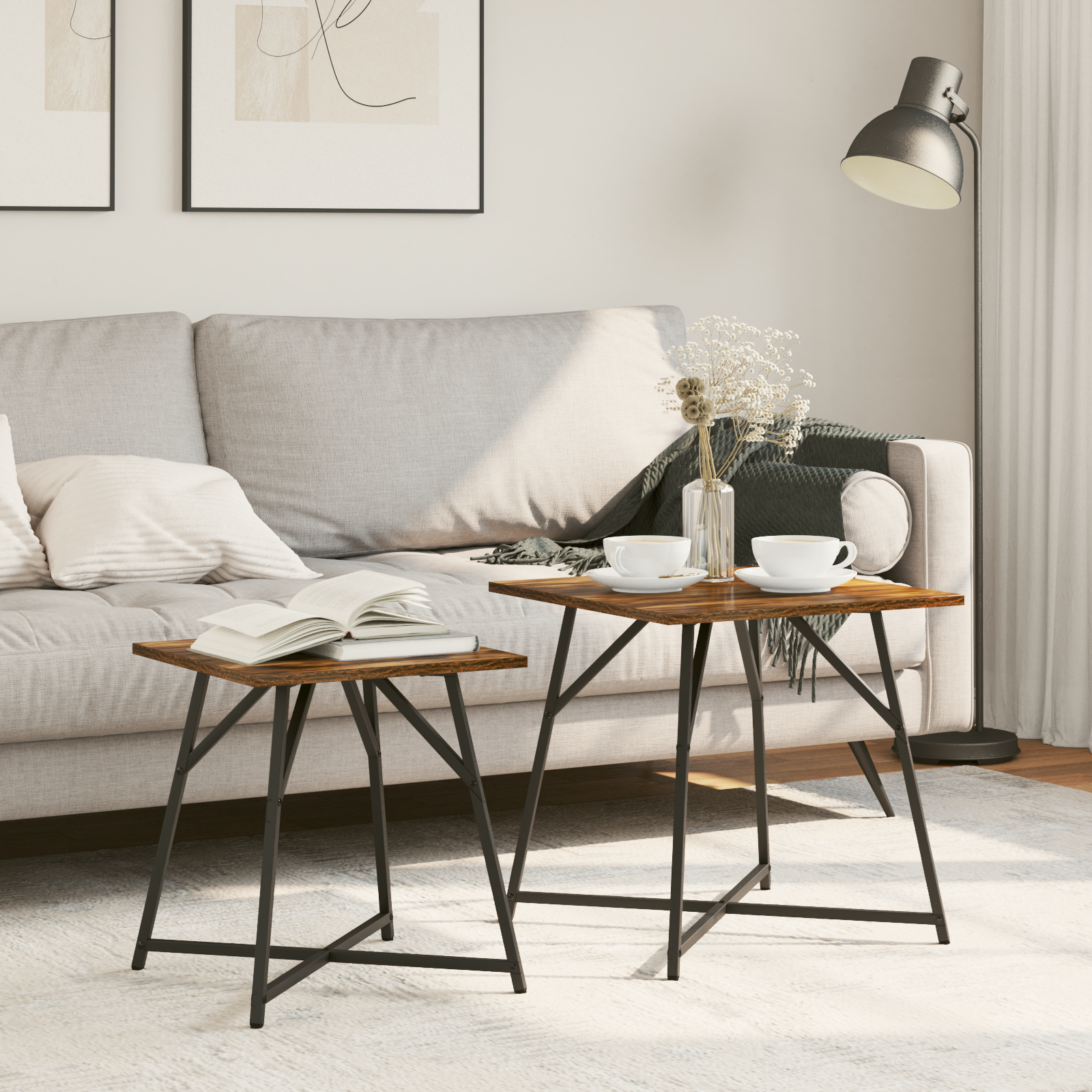 Side Table Set - 2 Rustic Smoked Oak and Metal Tables