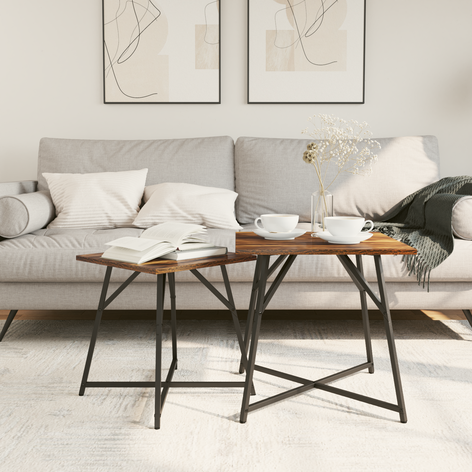 Side Table Set - 2 Rustic Smoked Oak and Metal Tables - Image 4