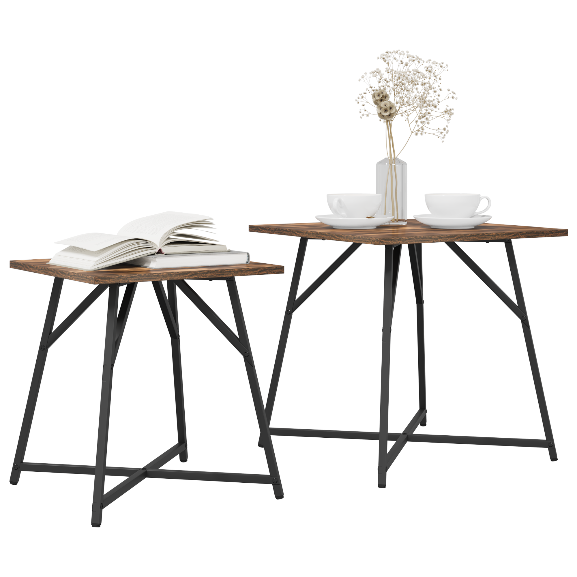 Side Table Set - 2 Rustic Smoked Oak and Metal Tables - Image 3